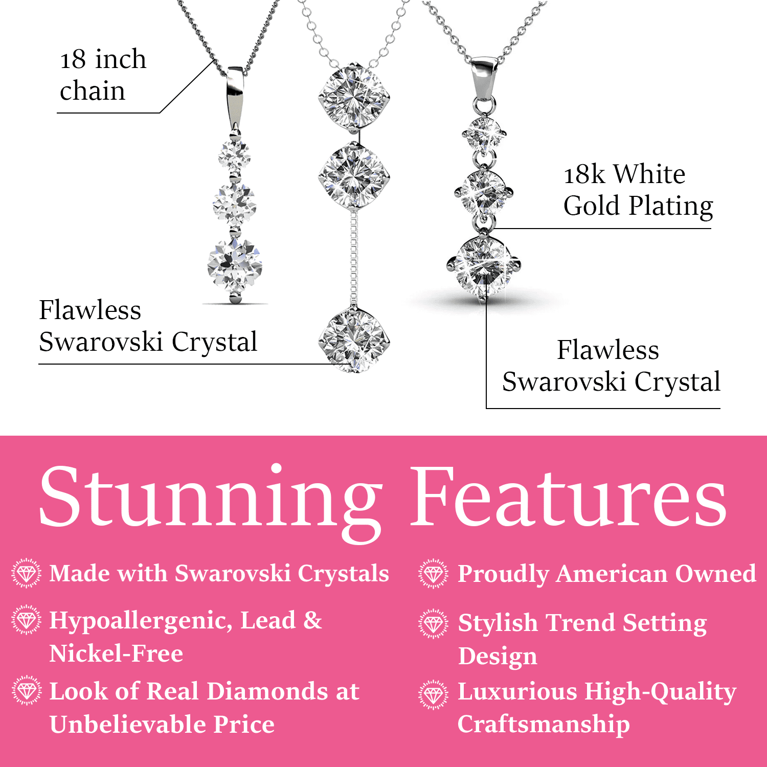 Delilah, Willow, Sloane 18k White Gold Plated Necklace for Women (3 Pair Set)
