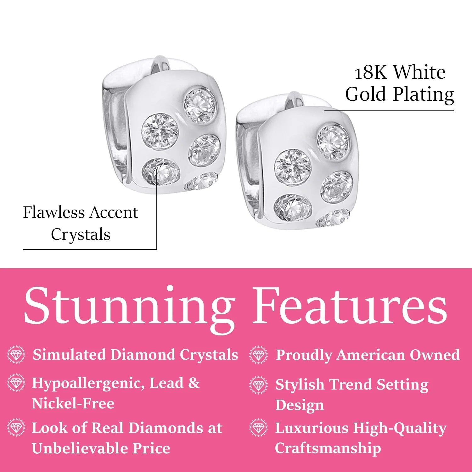 Penelope 18k White Gold Plated Silver Hoop Earrings with Simulated Diamond Crystals — Final Sale