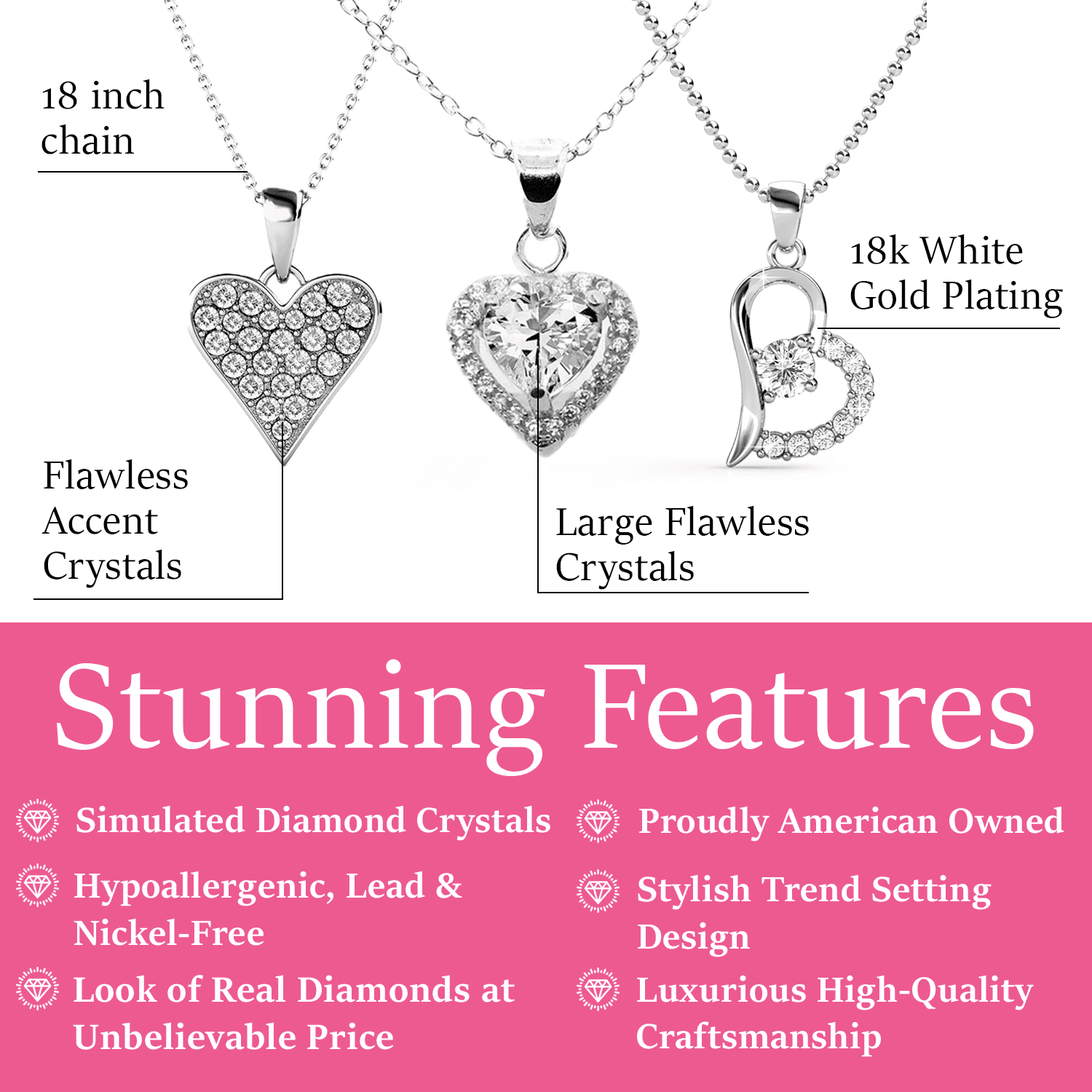 Pack of 3 - Cecilia, Amora, Laila 18k White Gold Plated Necklace for Women