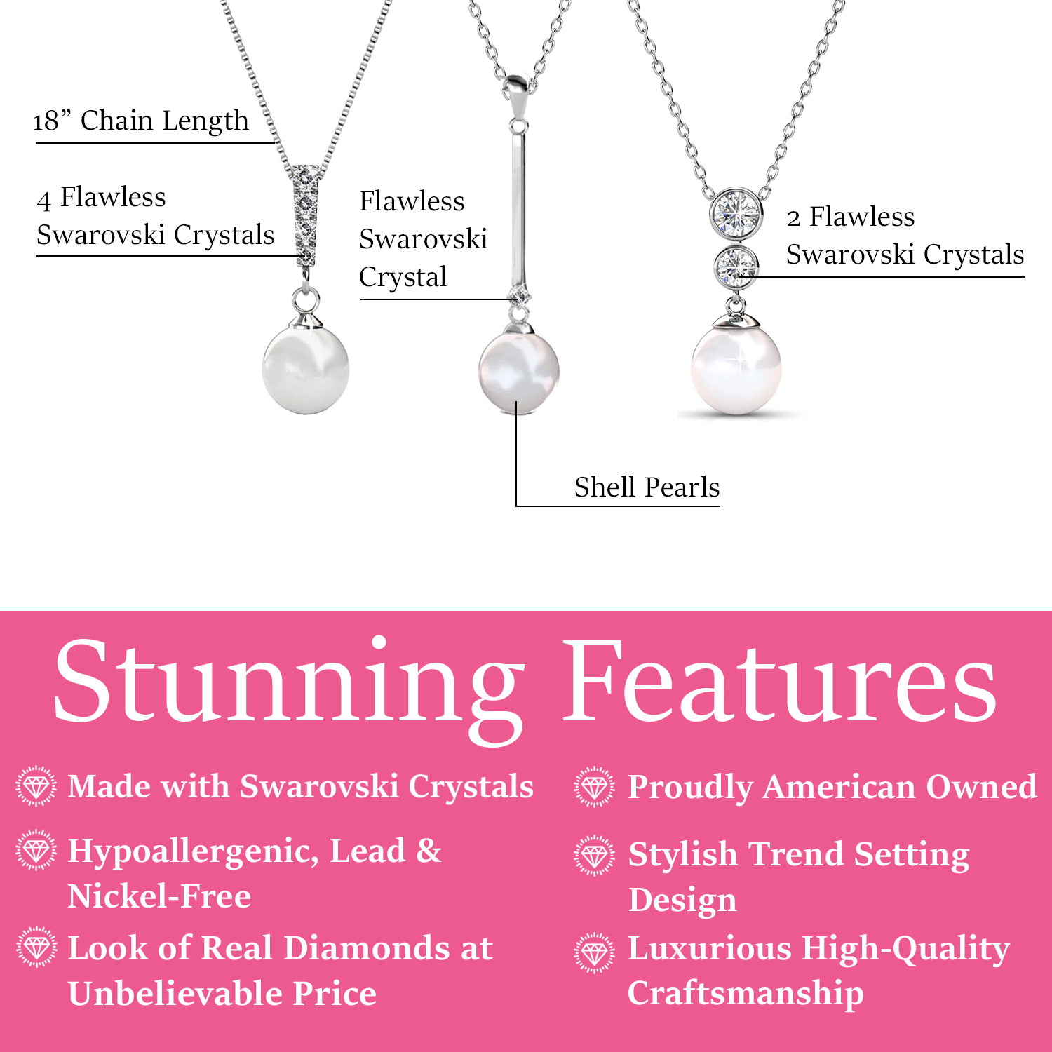 Gabrielle, Tatum, Genevieve 18k White Gold Plated Pearl Necklace for Women (3 Pair Set)