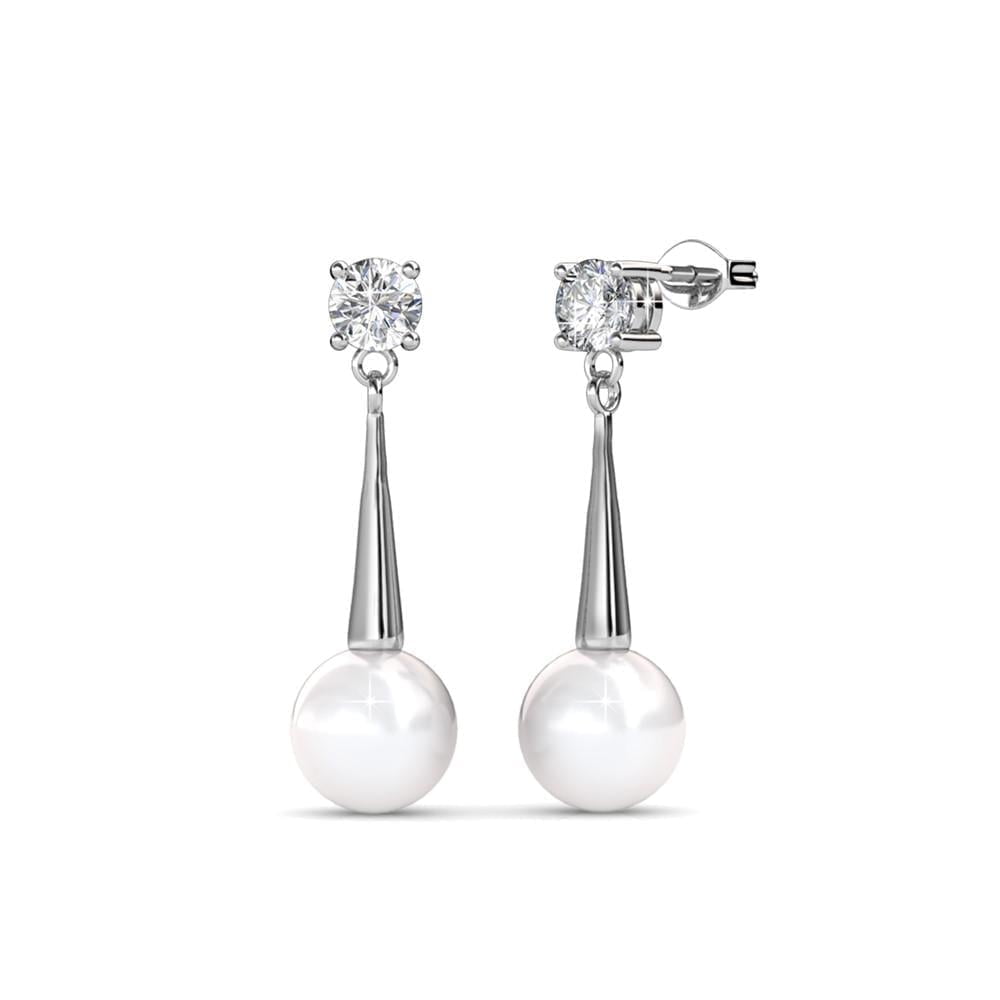 Tatum 18k White Gold Plated Pearl Necklace and Dangle Earrings Jewelry Set with Swarovski Crystals