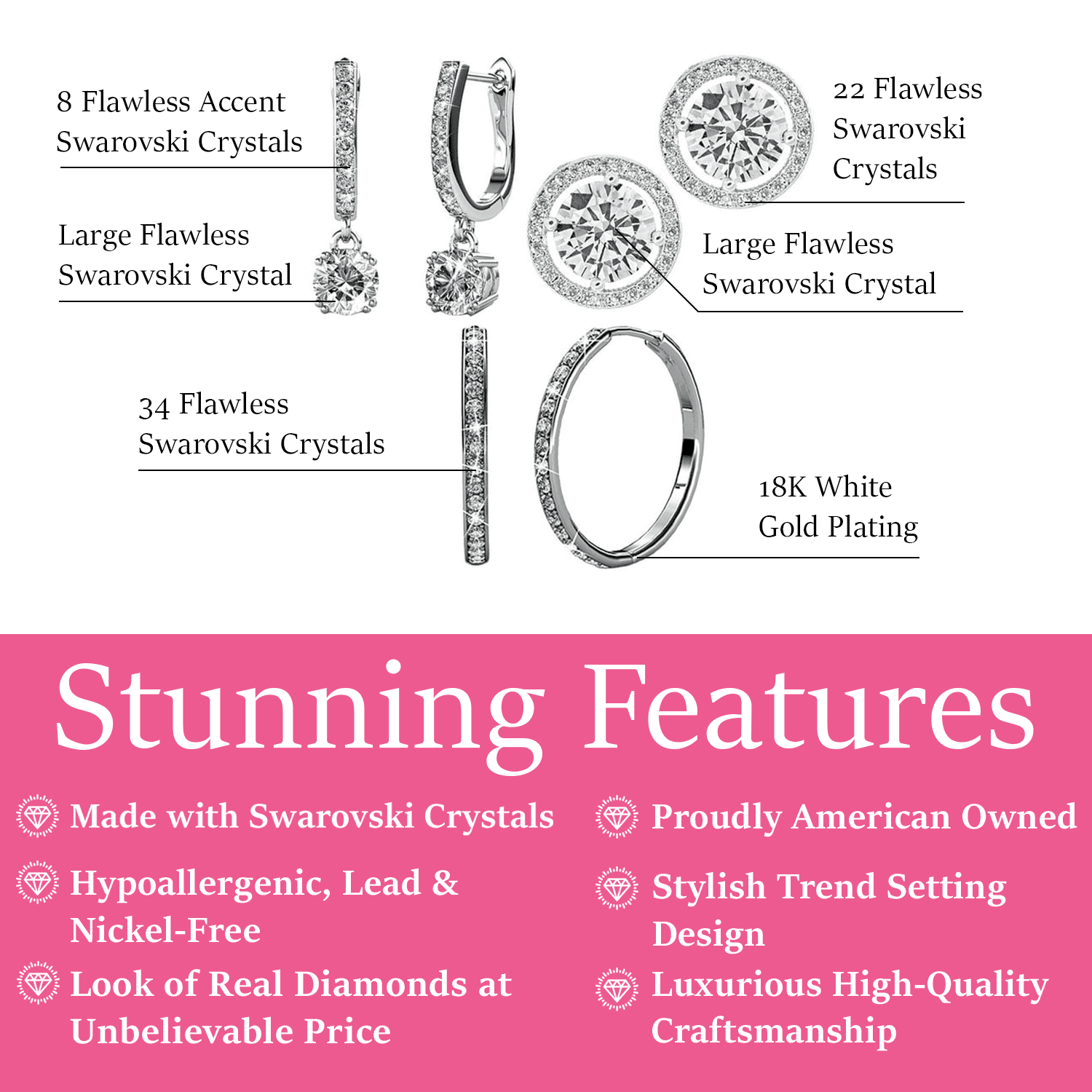 Pack of 3 - Bianca, McKenzie, Ariel 18k White Gold Plated Earrings with Simulated Diamond Crystals