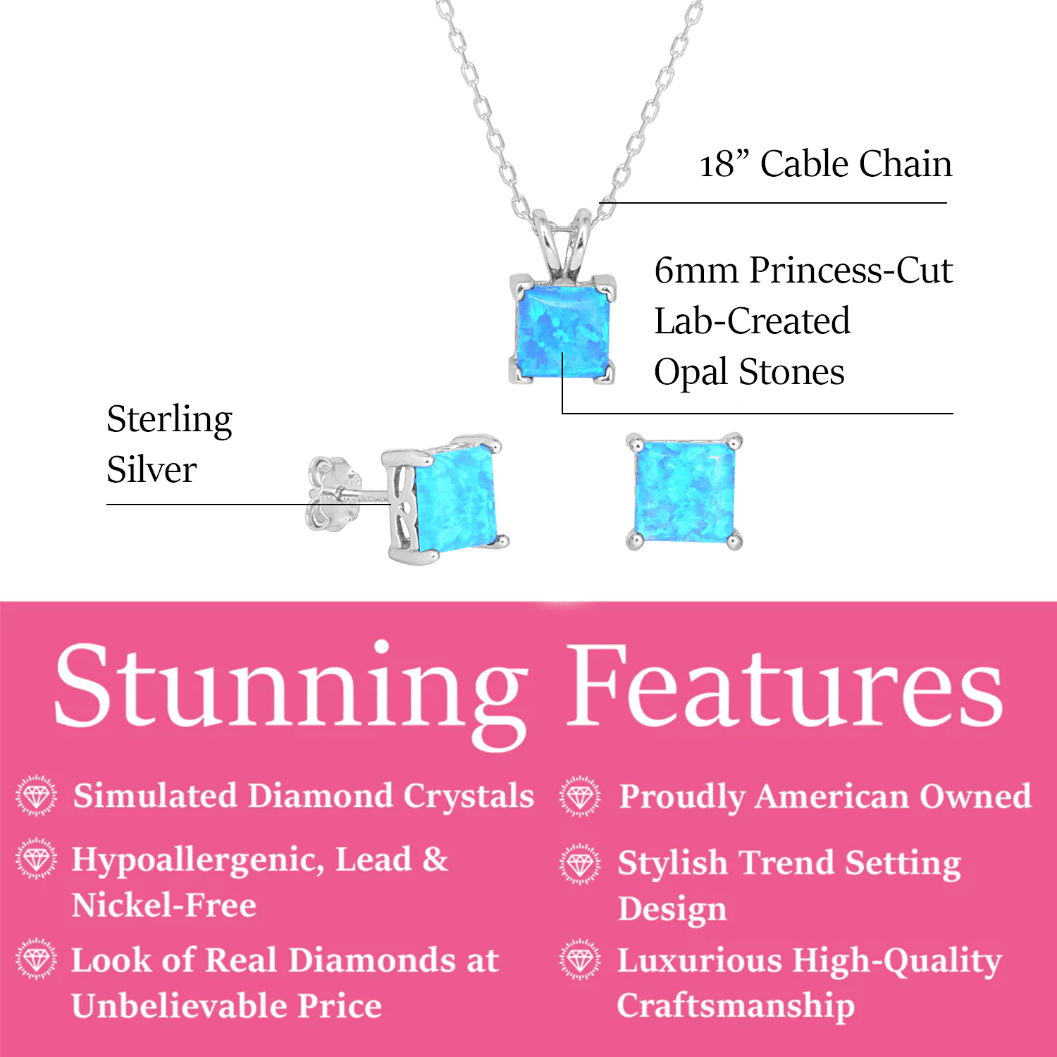 Amphitrite 18k White Gold Plated Stud Earring and Necklace Set with Princess Cut Opal Stones