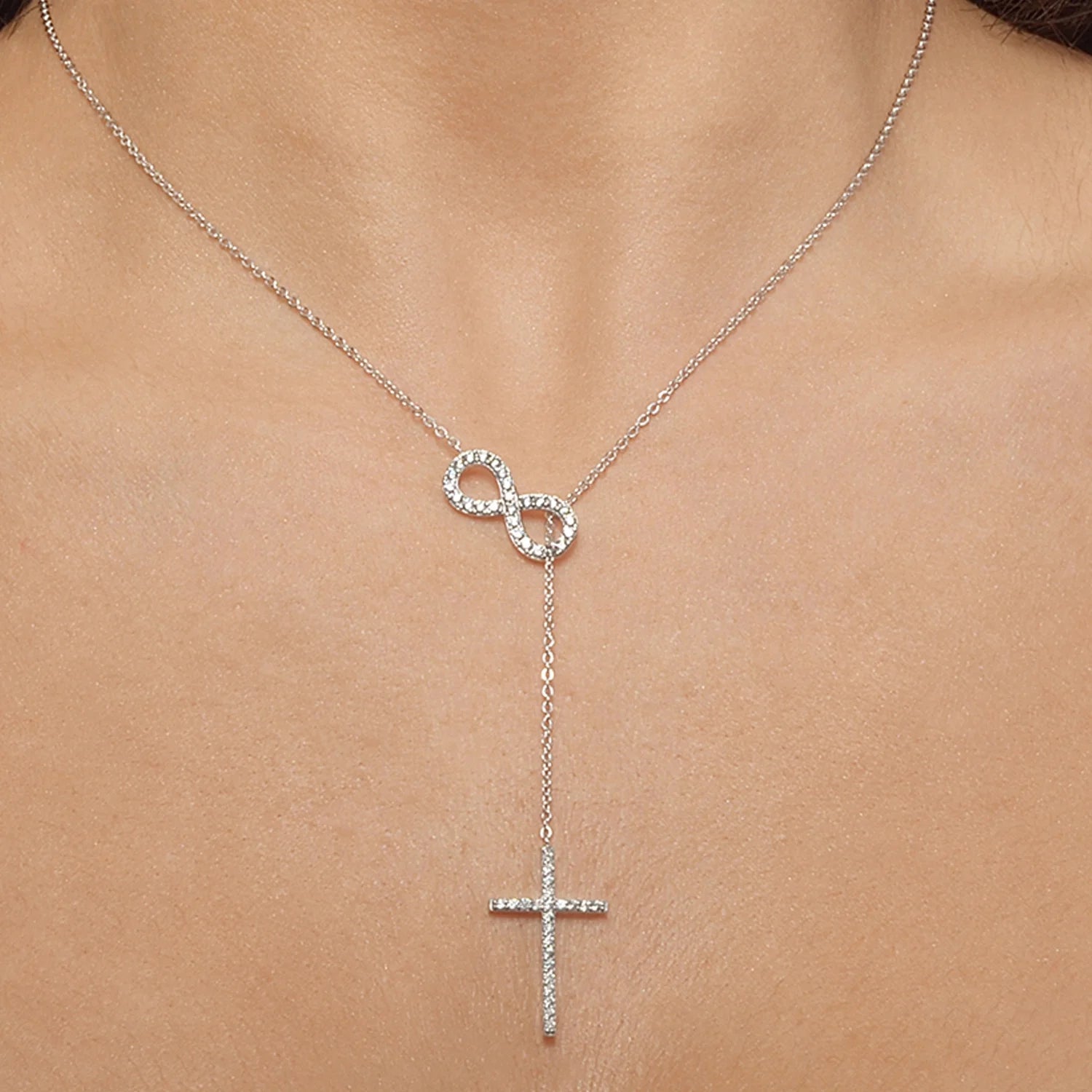 Mary Sterling Silver Infinity Cross Y-Necklace with  Simulated Diamond Crystals — Fab Fav Sale