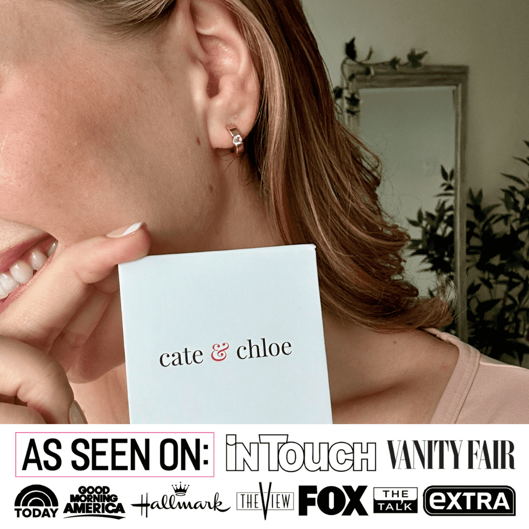Cate & Chloe jewelry box with woman wearing gold hoop earring