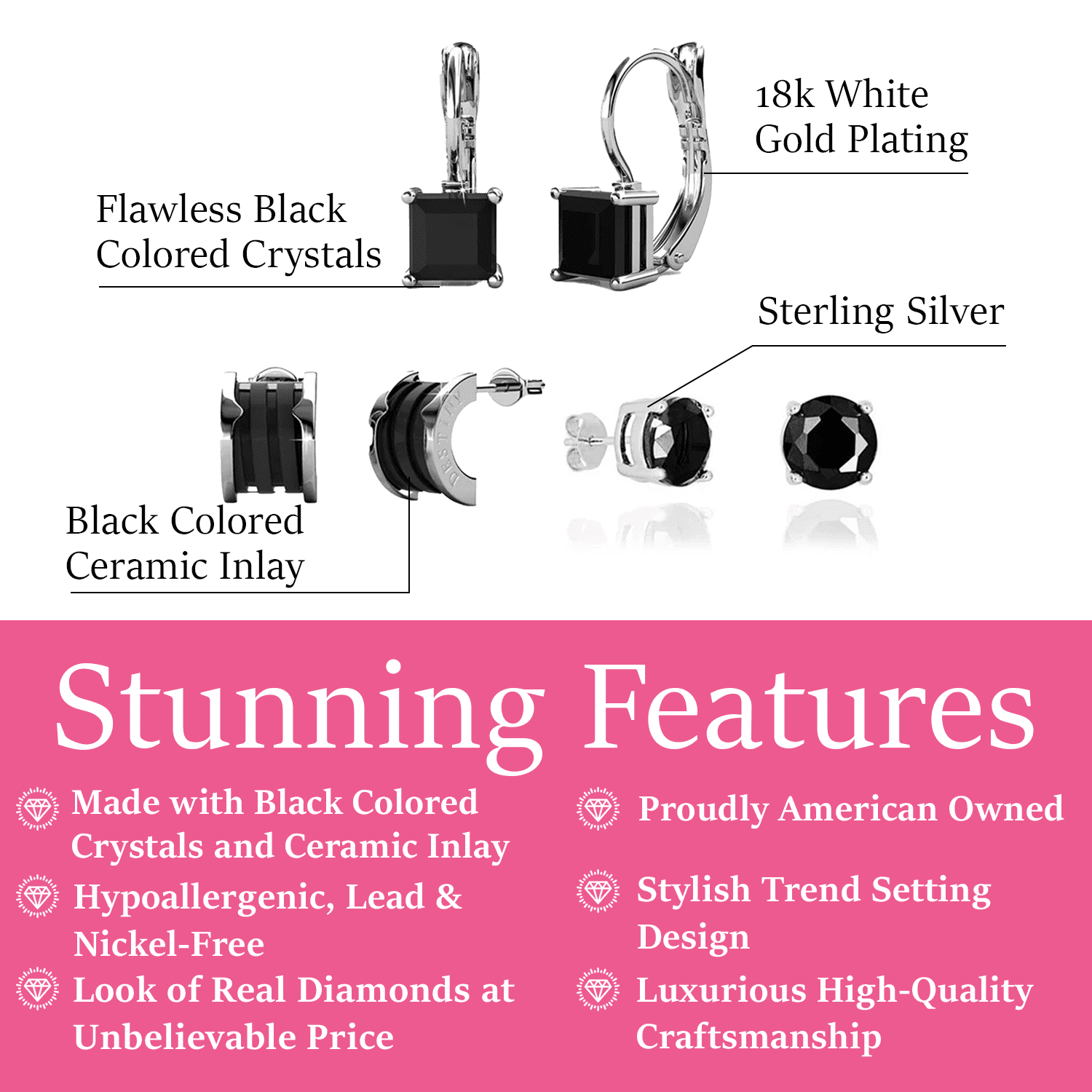 Pack of 3 - Dina, Samantha, Kali 18k White Gold Plated Earrings for Women