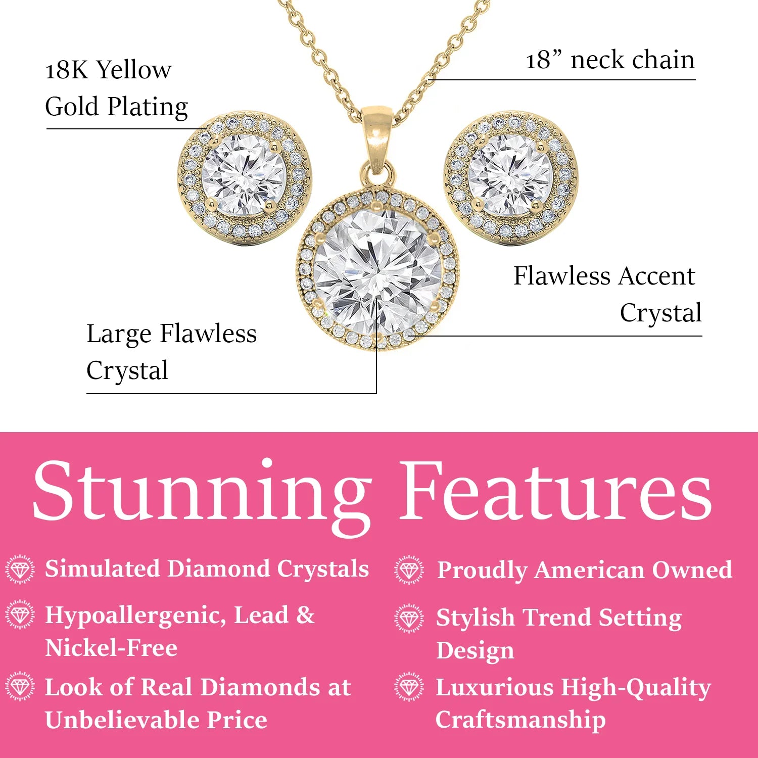 Mariah 18k White Gold Plated Halo Stud Earring and Necklace Jewelry Set with Simulated Diamond Crystals