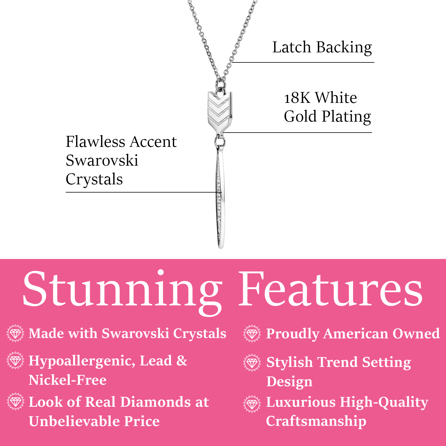 Addison 18k White Gold Plated Arrow Drop Necklace with Simulated Diamond Crystals — Final Sale