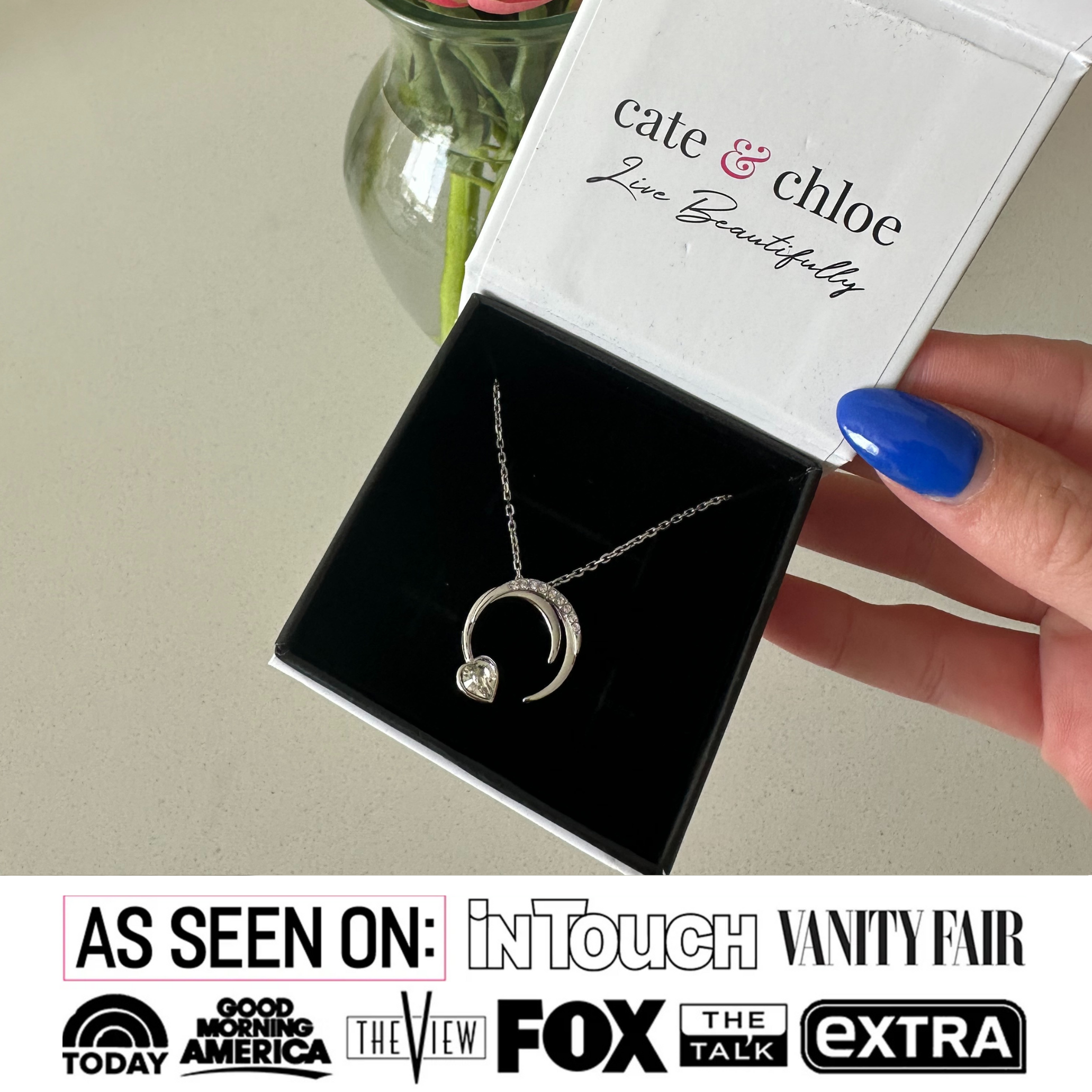 Aelin 18k White Gold Plated Crescent Heart Pendant Necklace with Swarovski Crystals