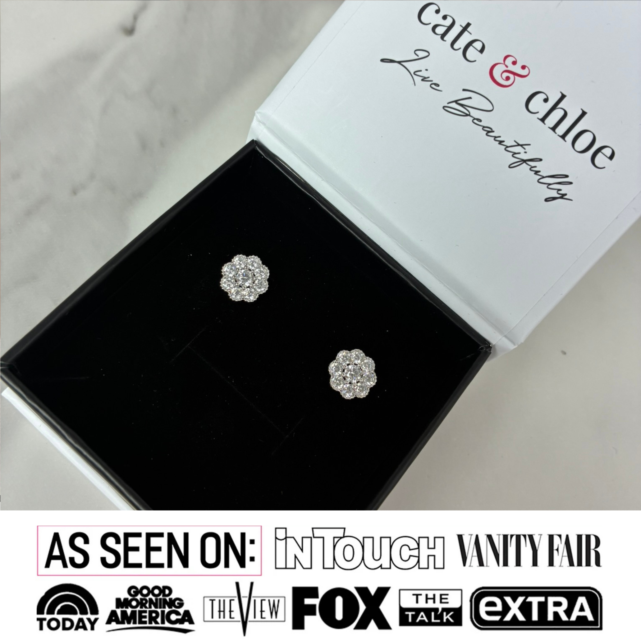 Chloe 18k 白金镀纯银花朵耳钉配仿钻石 CZ 水晶