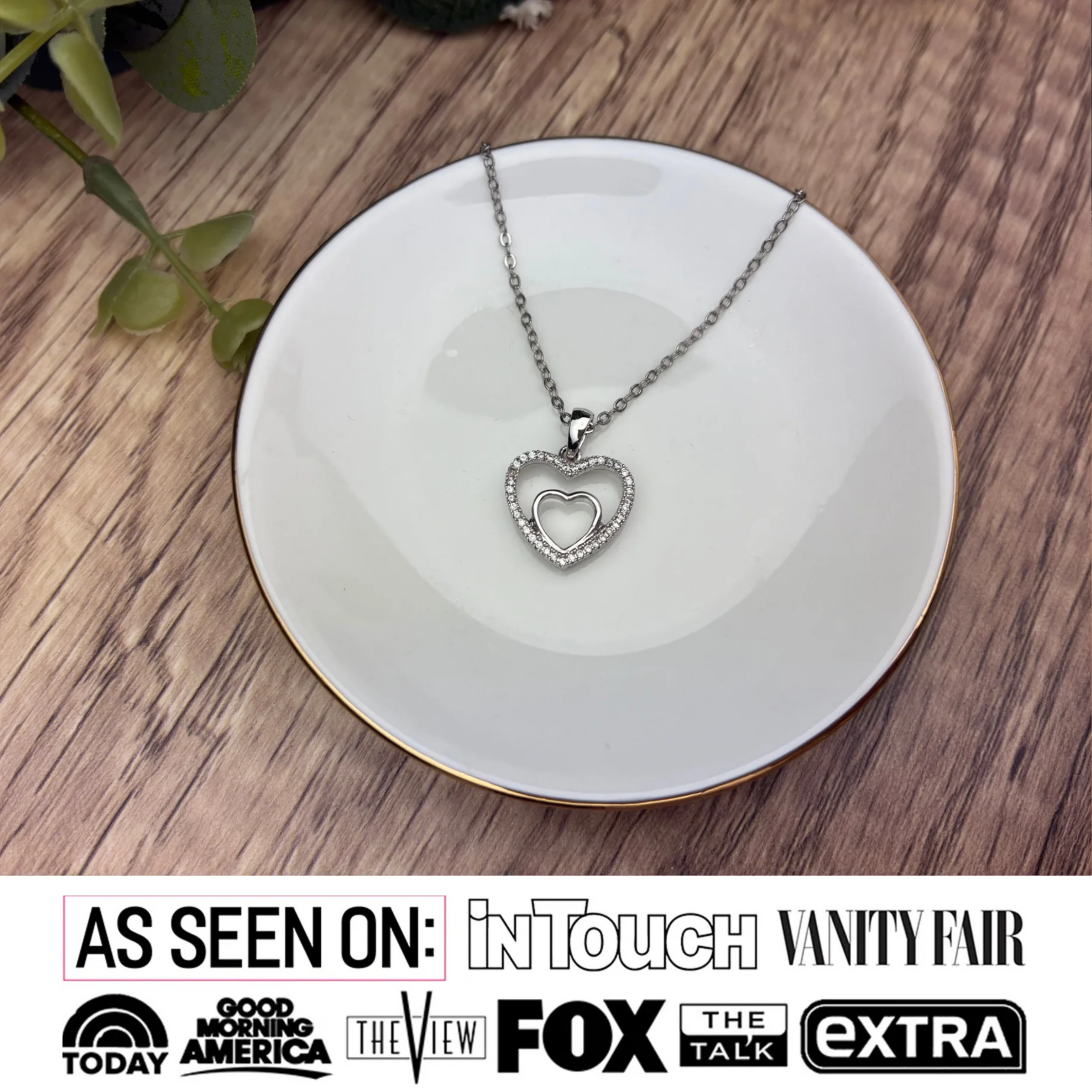 Amorette 18k 镀白金双心形吊坠项链,密镶方晶锆石
