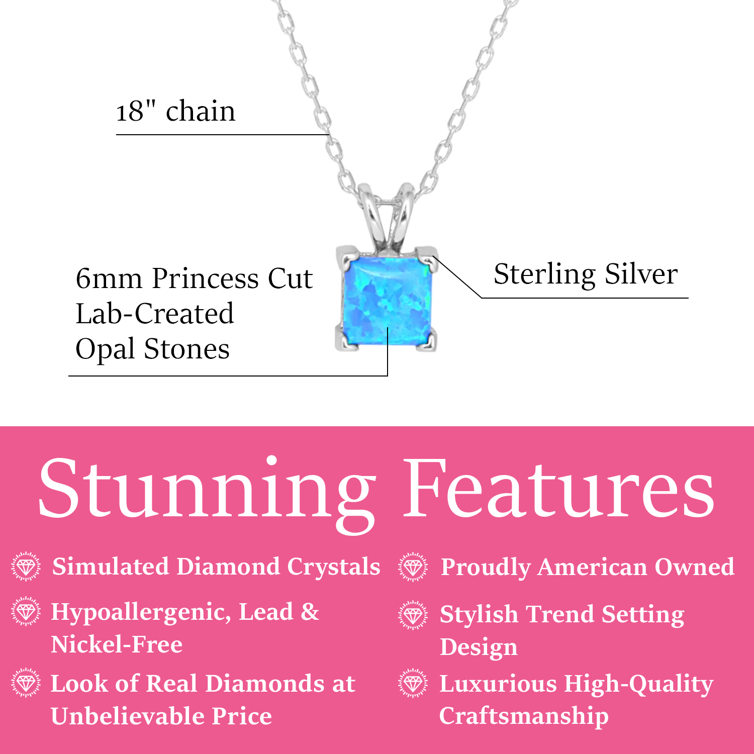 Amphitrite 18k White Gold Plated Pendant Necklace with Princess Cut Opal Stone — Fab Fav Sale