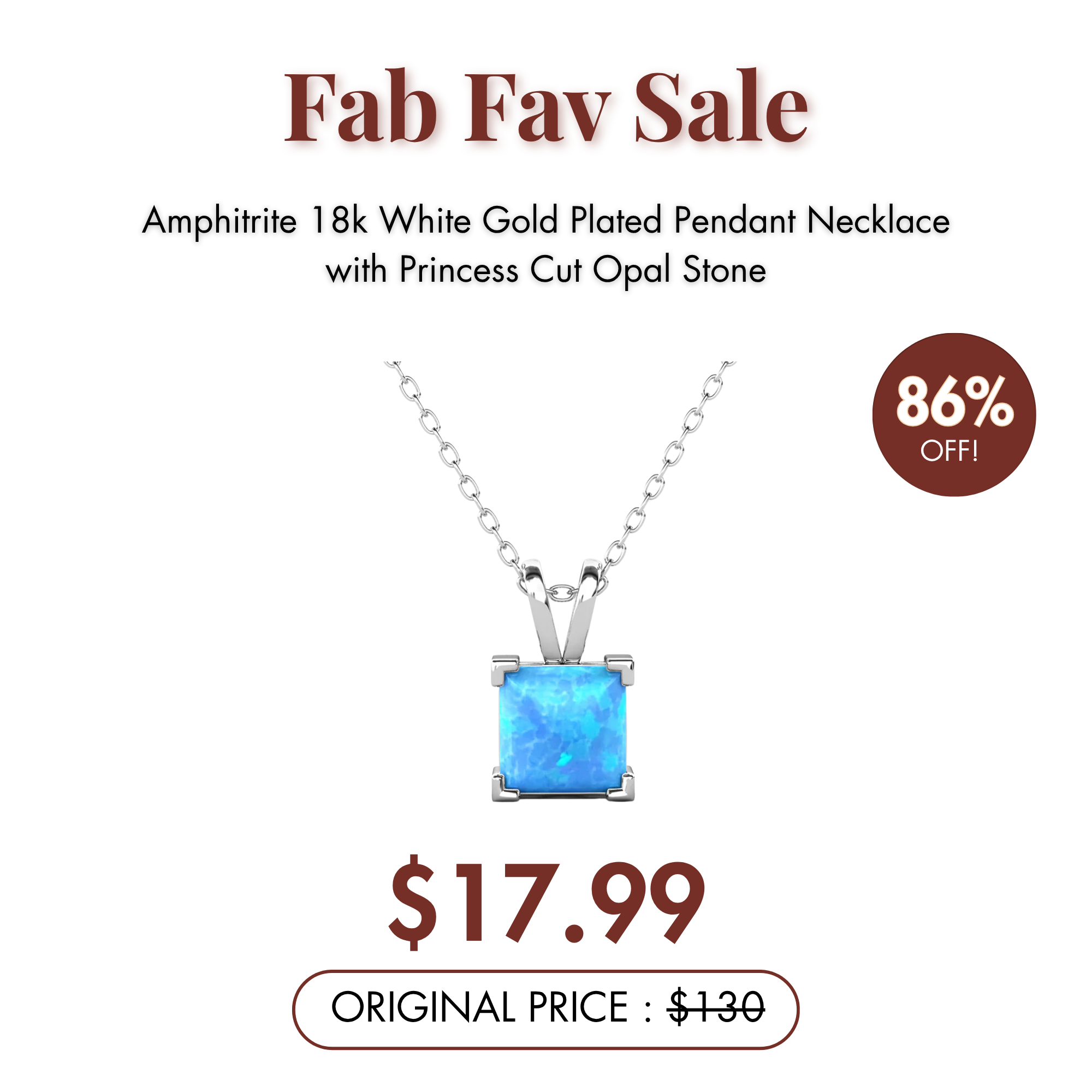 Amphitrite 18k White Gold Plated Pendant Necklace with Princess Cut Opal Stone — Fab Fav Sale