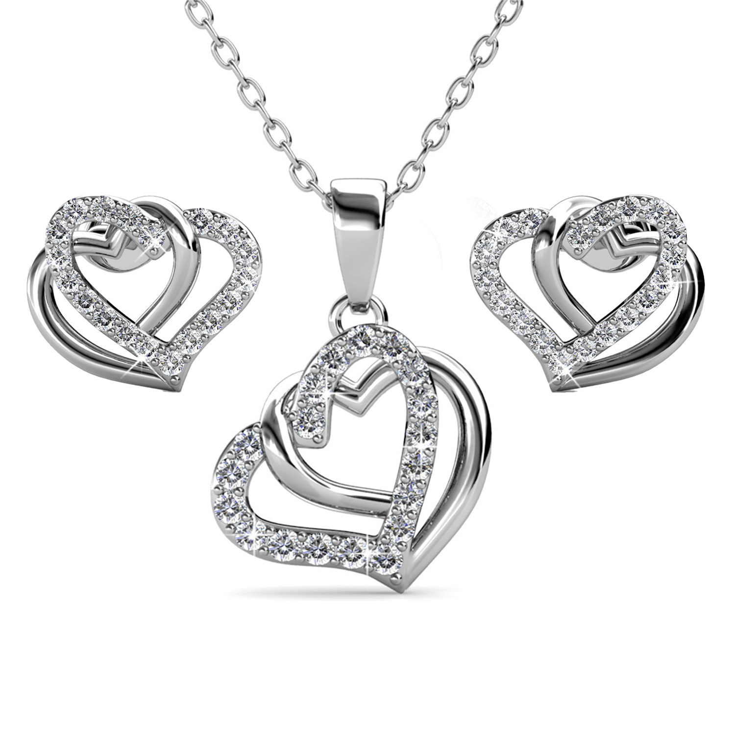 Angela 18k White Gold Plated Double Heart Stud Earrings and Necklace Set with Swarovski Crystals