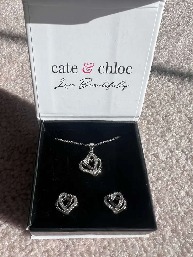 Angela 18k White Gold Plated Double Heart Stud Earrings and Necklace Set with Swarovski Crystals