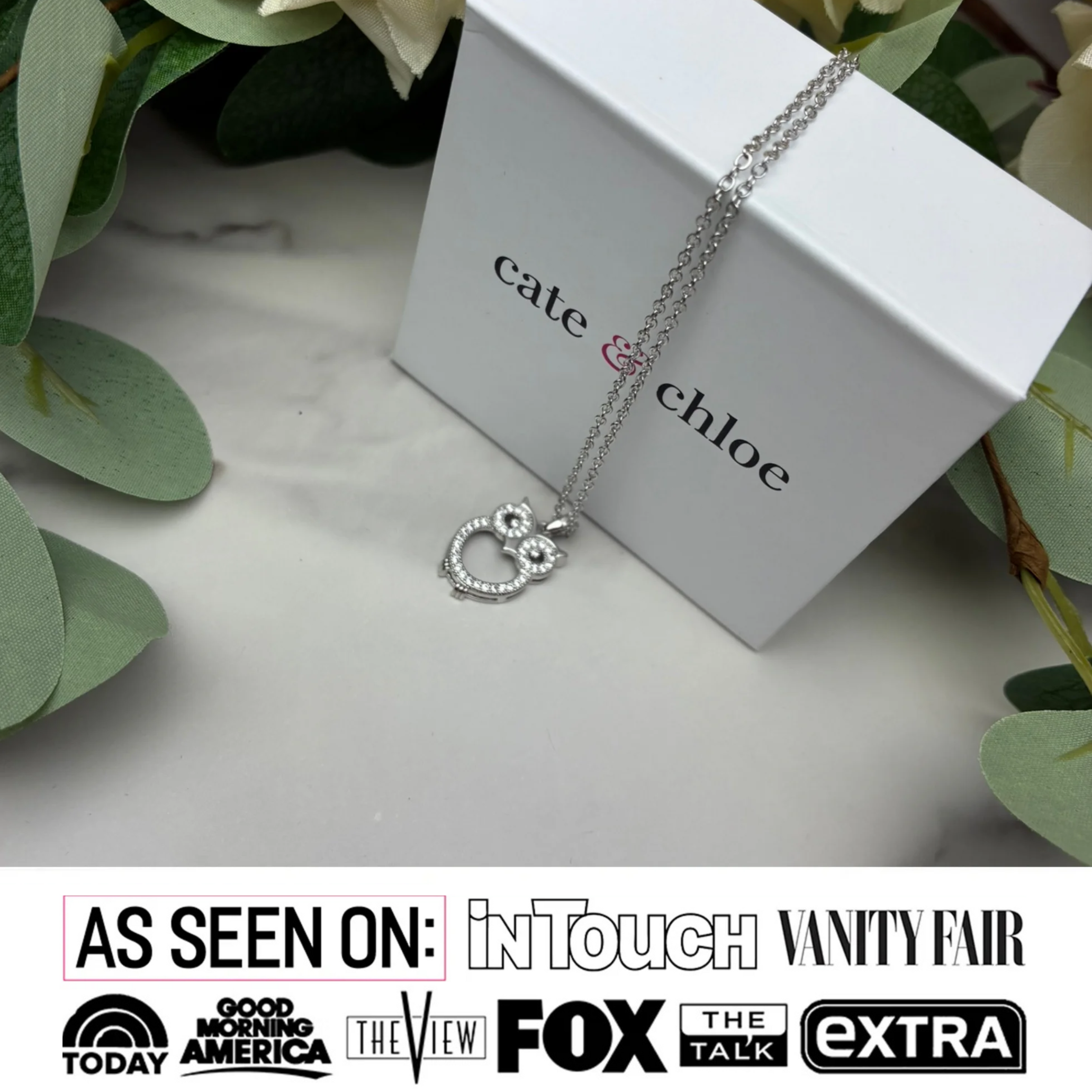 Ari 18k White Gold Plated Owl Pendant Necklace with Simulated Diamond Crystals