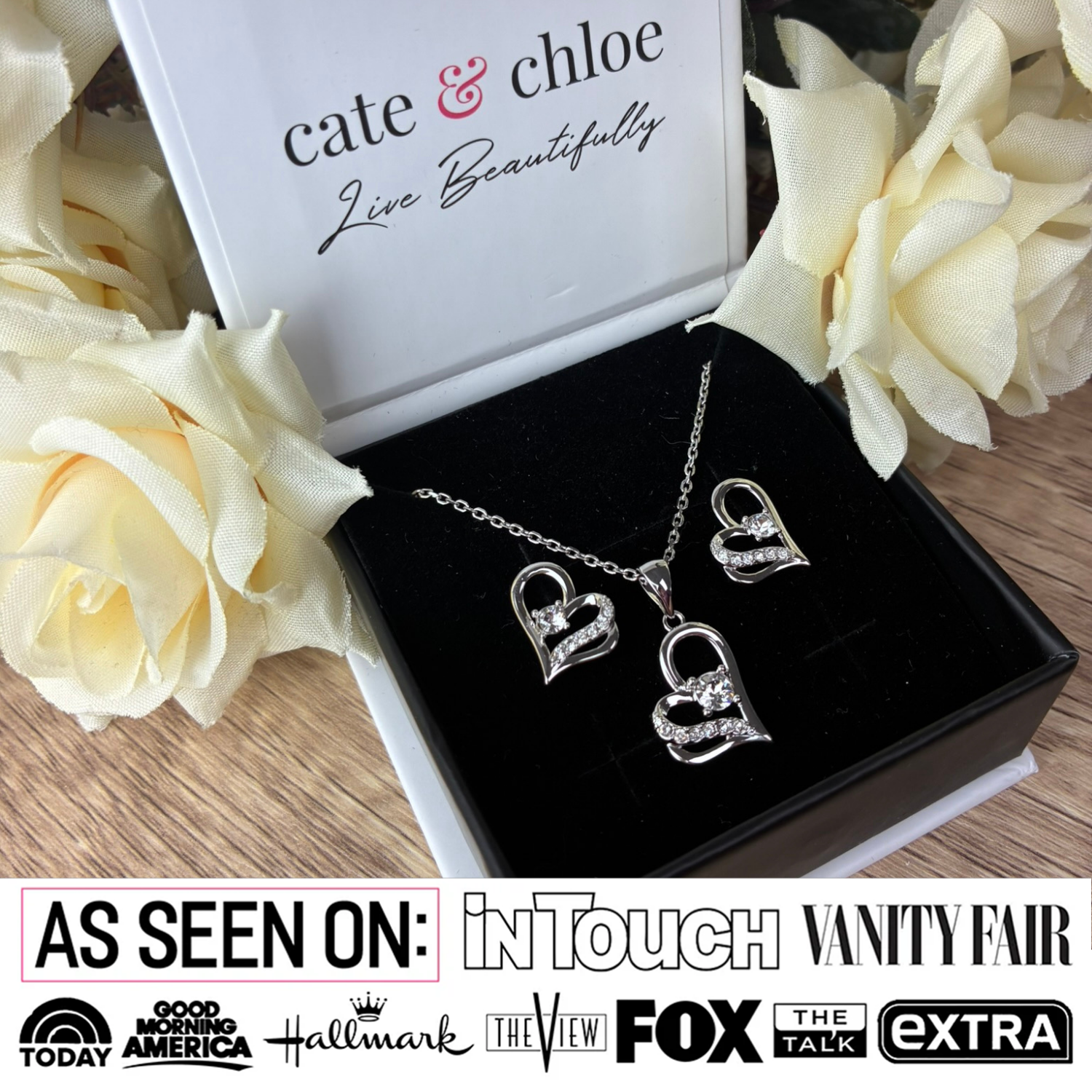 Kara 18k White Gold Plated Silver Heart Necklace and Earring Set with Swarovski Crystals