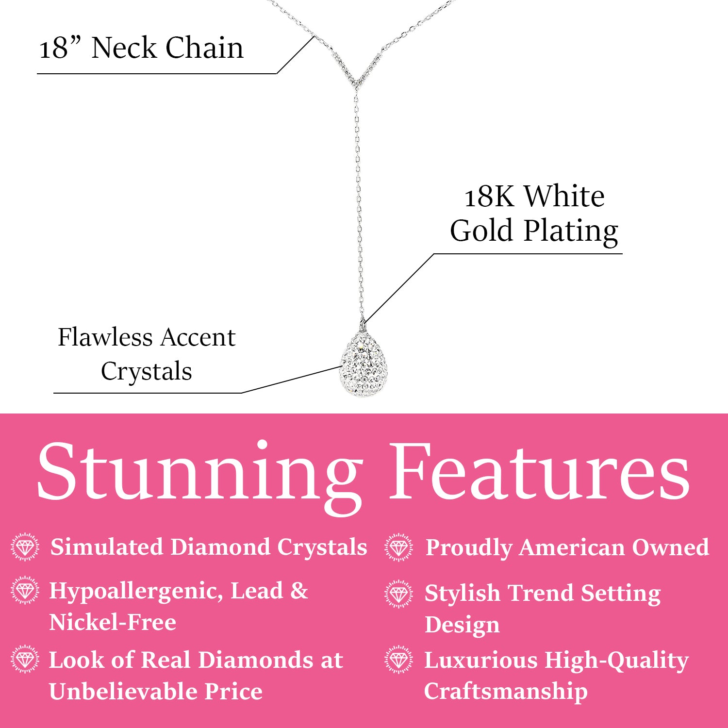 Ava 18k White Gold Plated Tear drop Y-Necklace with Simulated Diamond Crystals