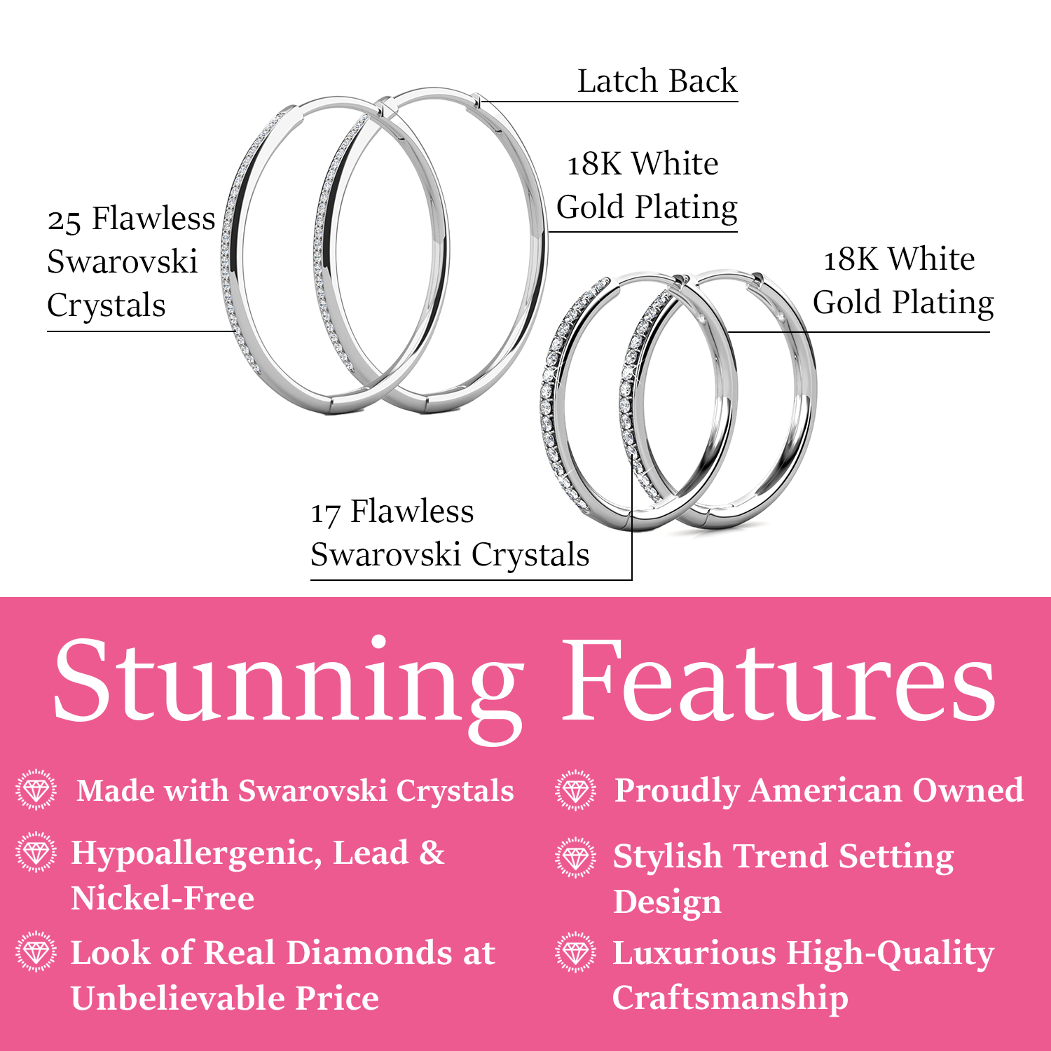 Pack of 2 - Bianca, Leslie 18k White Gold Plated Hoop Earrings with Swarovski Crystals