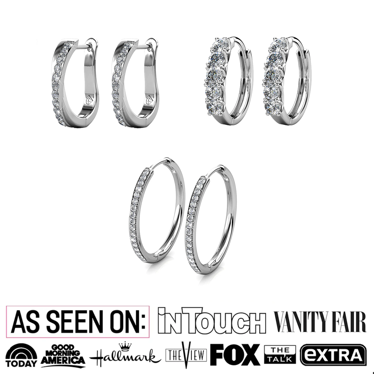 Pack of 3 - Bianca, Bethany, Amaya 18k White Gold Plated Hoop Earrings with Swarovski Crystals