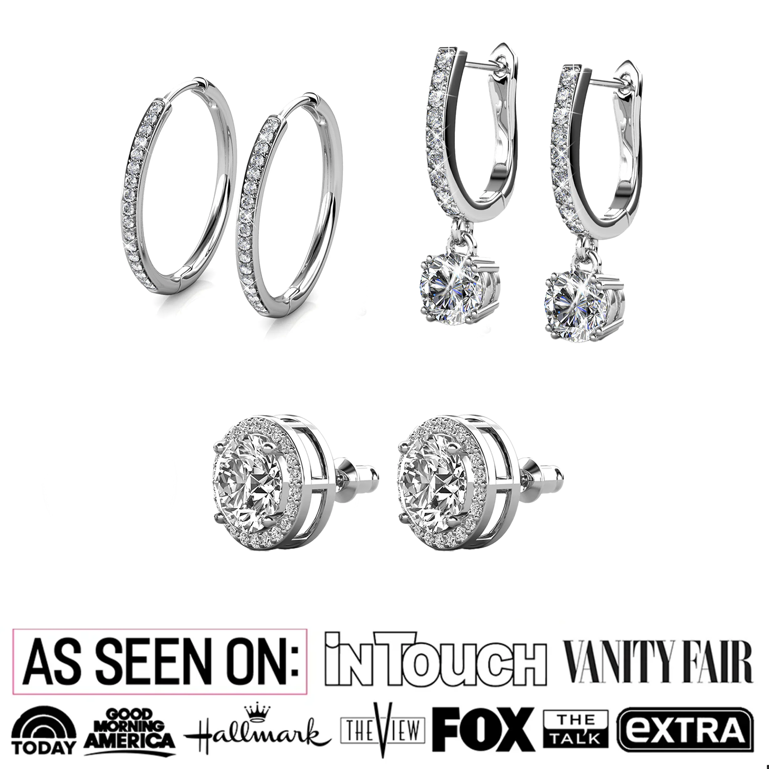 Pack of 3 - Bianca, McKenzie, Ariel 18k White Gold Plated Earrings with Simulated Diamond Crystals