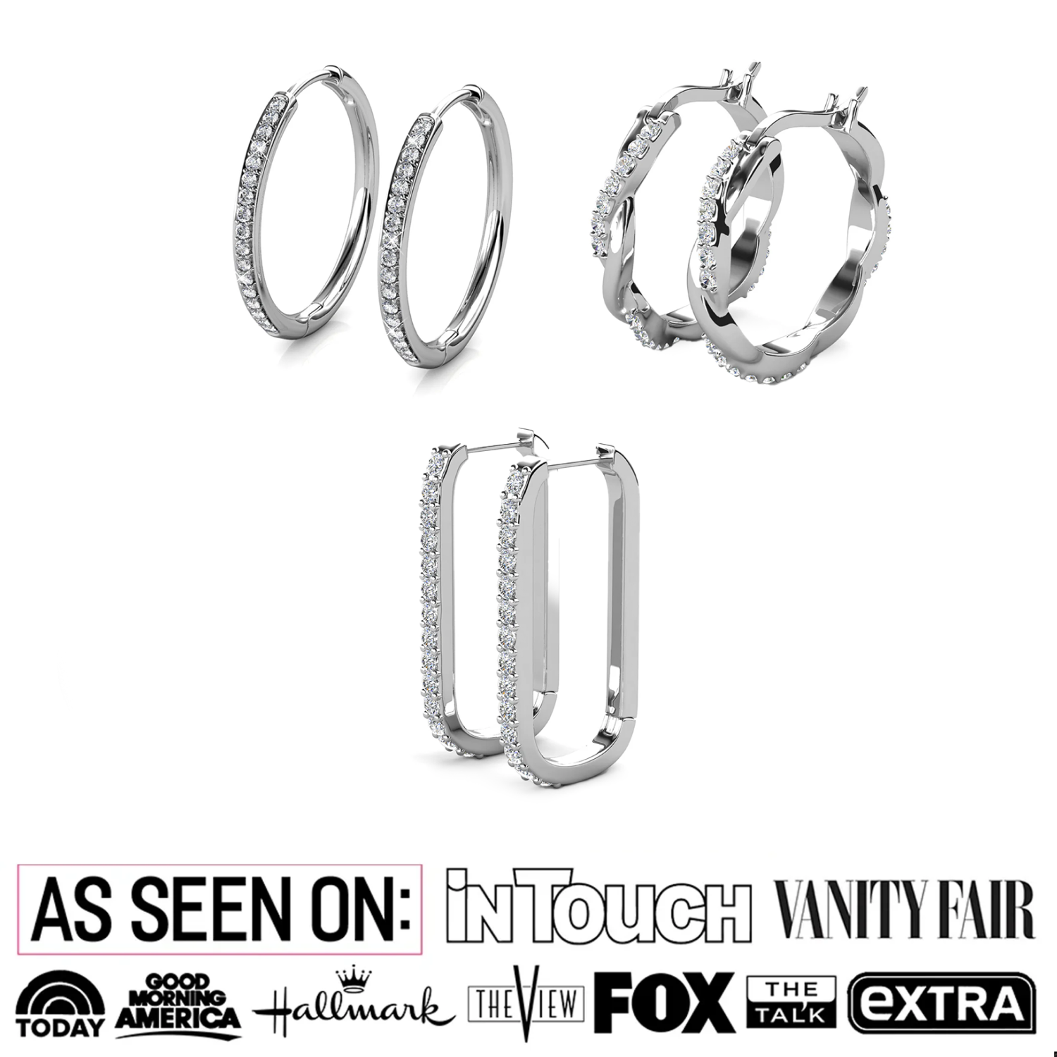 Pack of 3 - Bianca, Nadia, Lauren 18k White Gold Plated Hoop Earrings with Swarovski Crystals