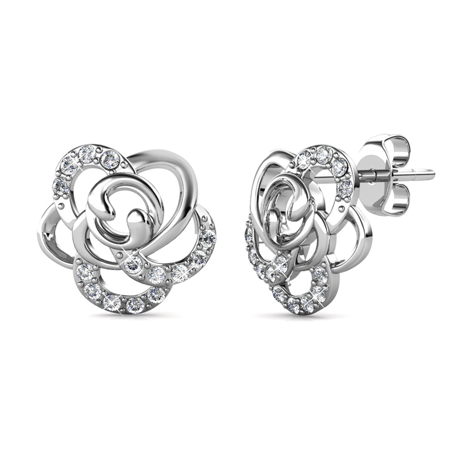 Briella 18k White Gold Plated Silver Flower Stud Earrings with Swarovski Crystals