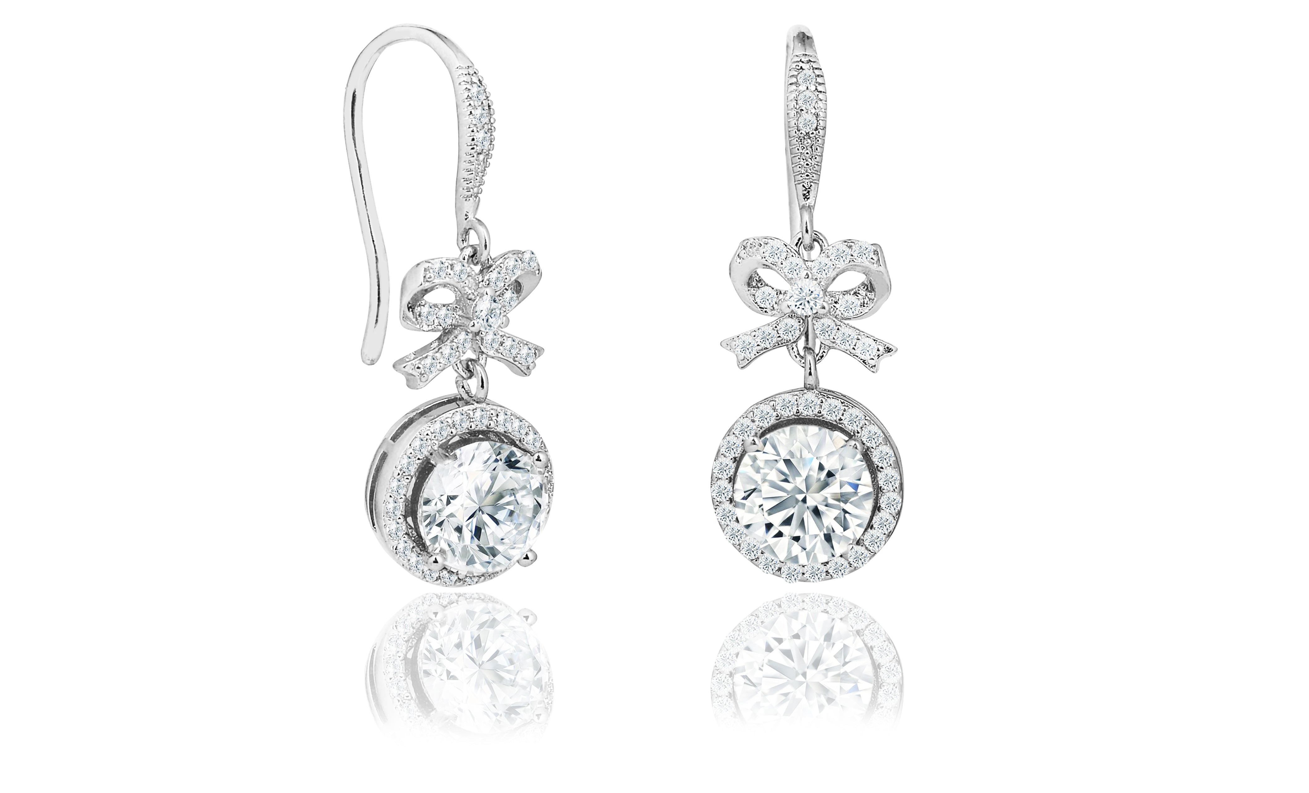 Seraphina 18k White Gold Plated Silver Bow Halo Drop Earrings with Simulated Diamond Crystals — Final Sale