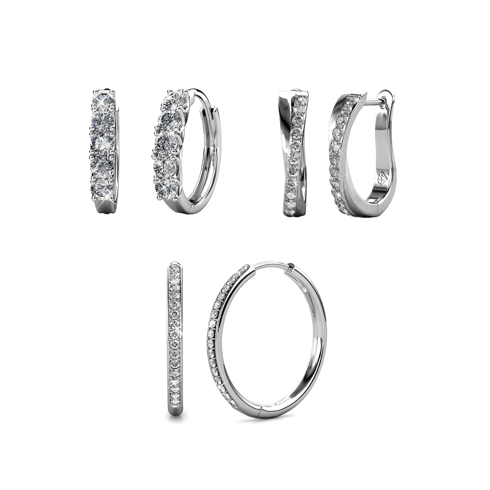 Pack of 3 - Bianca, Bethany, Amaya 18k White Gold Plated Hoop Earrings with Swarovski Crystals