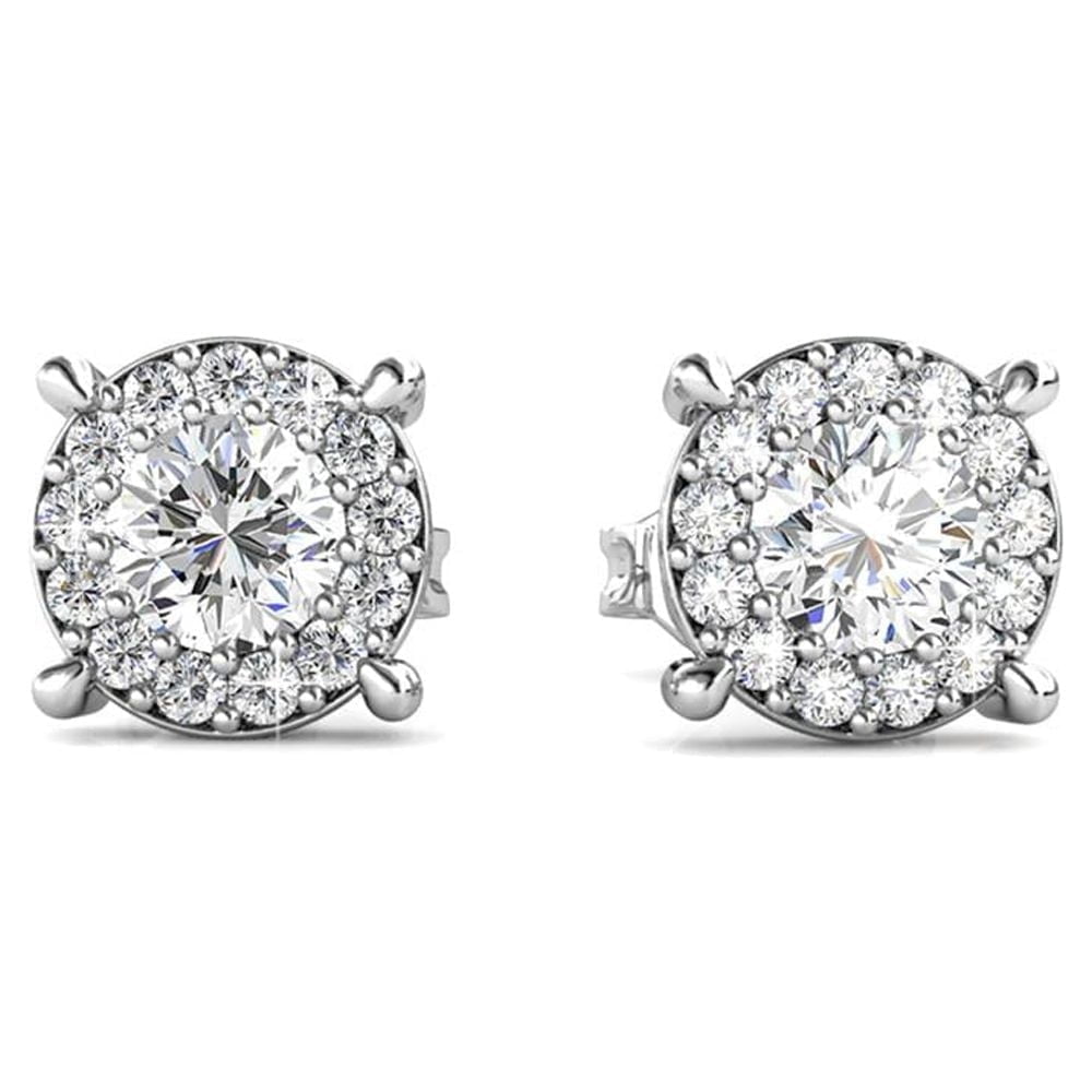 Raylee 18k White Gold Plated Halo Necklace and Stud Earrings Jewelry Set with Swarovski Crystals