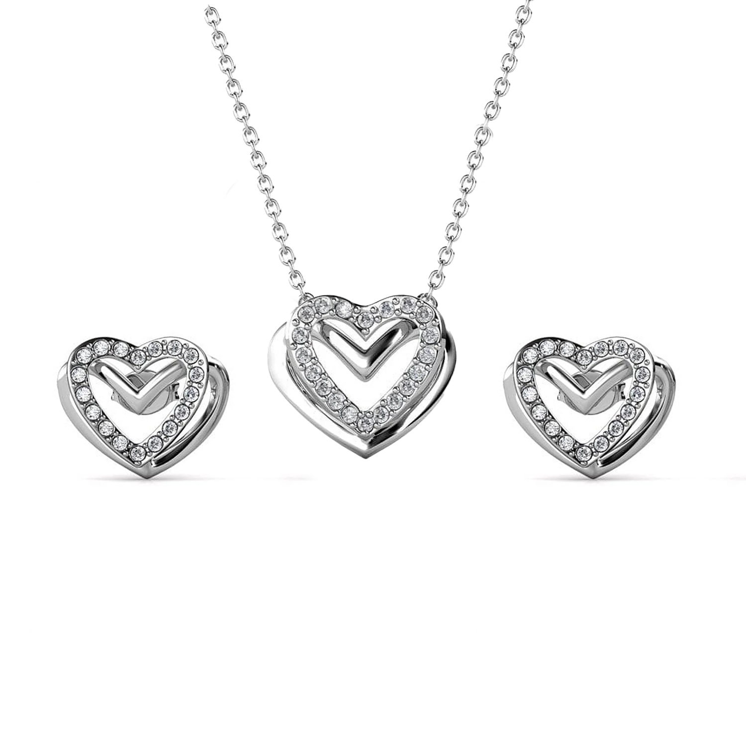 Cathy 18k White Gold Heart Necklace and Stud Earrings Jewelry Set with Crystals
