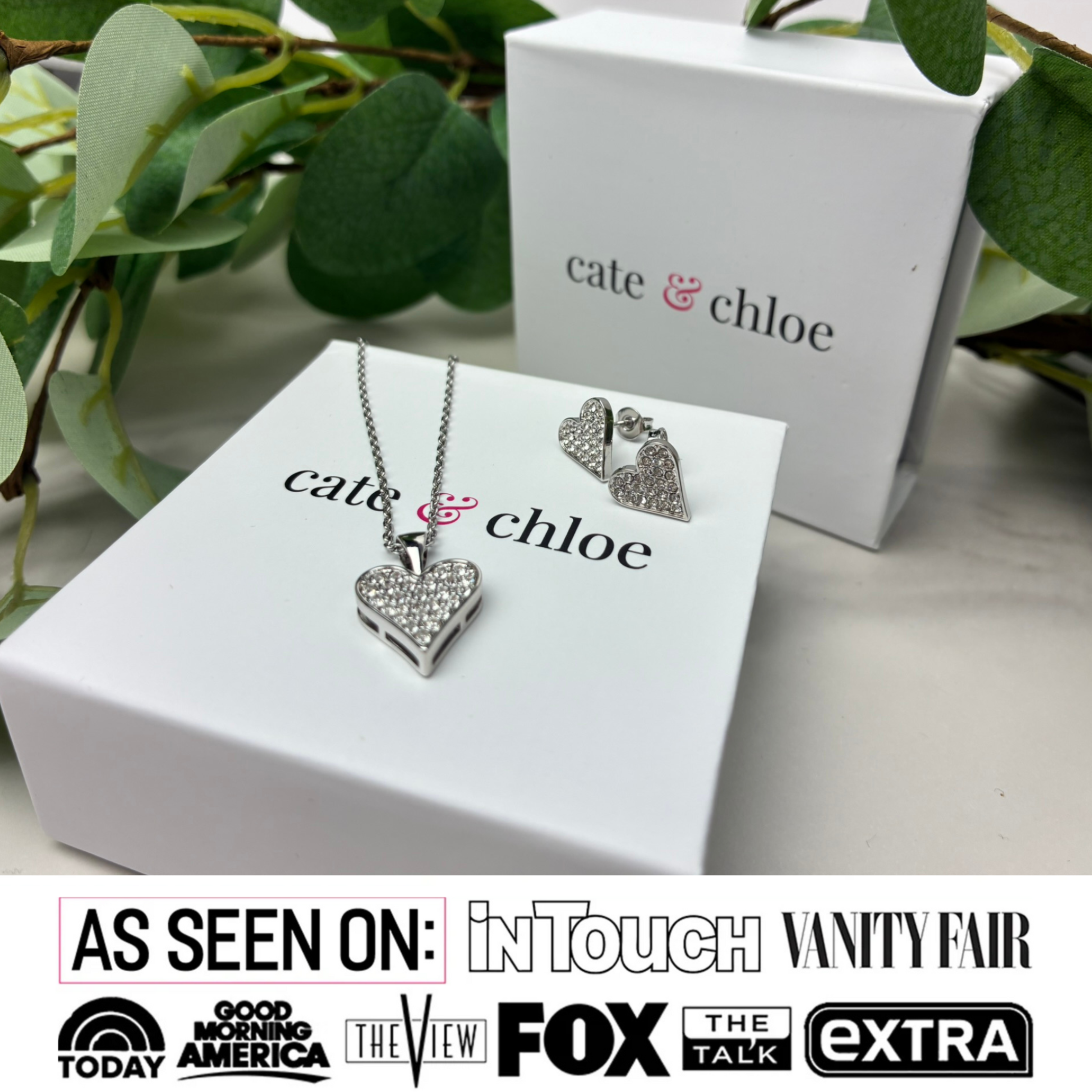 Cecilia 18k White Gold Heart Necklace and Stud Earrings Jewelry Set with Crystals