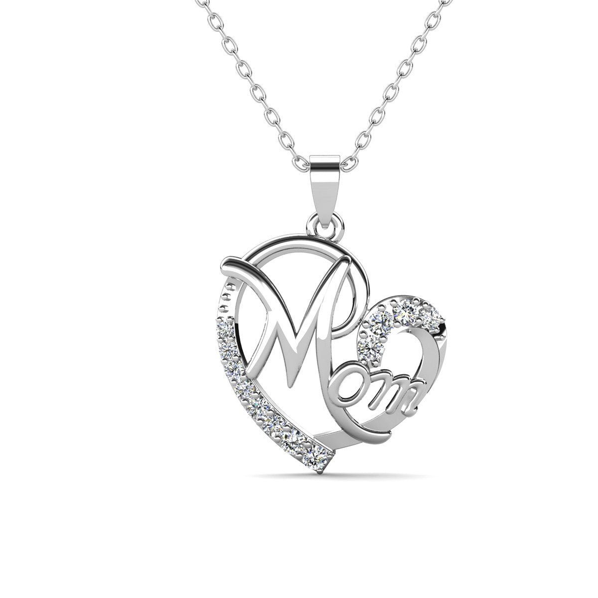 Persephone 18k White Gold Plated Mom Heart Pendant Necklace with Simulated Diamond Crystals