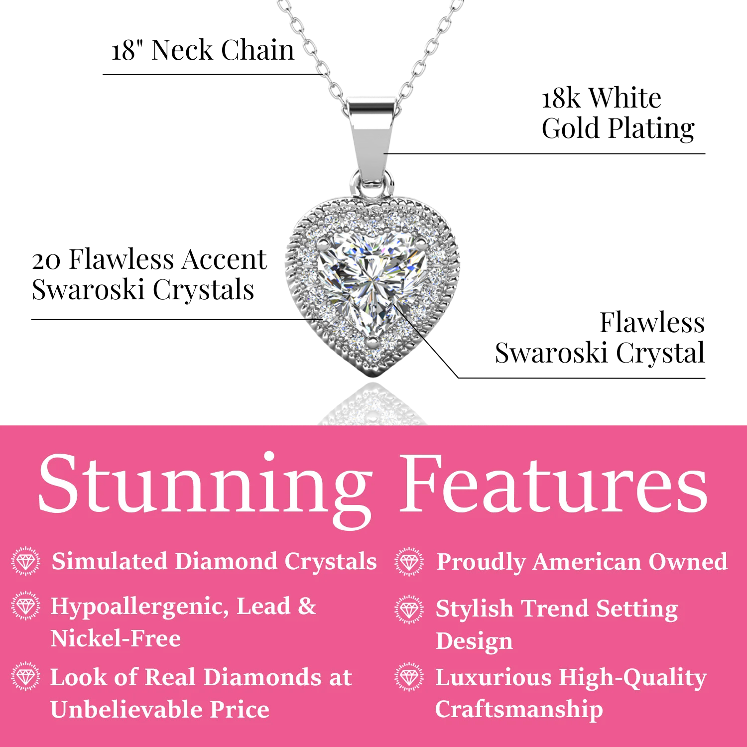 Coraline 18k White Gold Plated Heart Pendant Necklace with Simulated Diamond Crystals