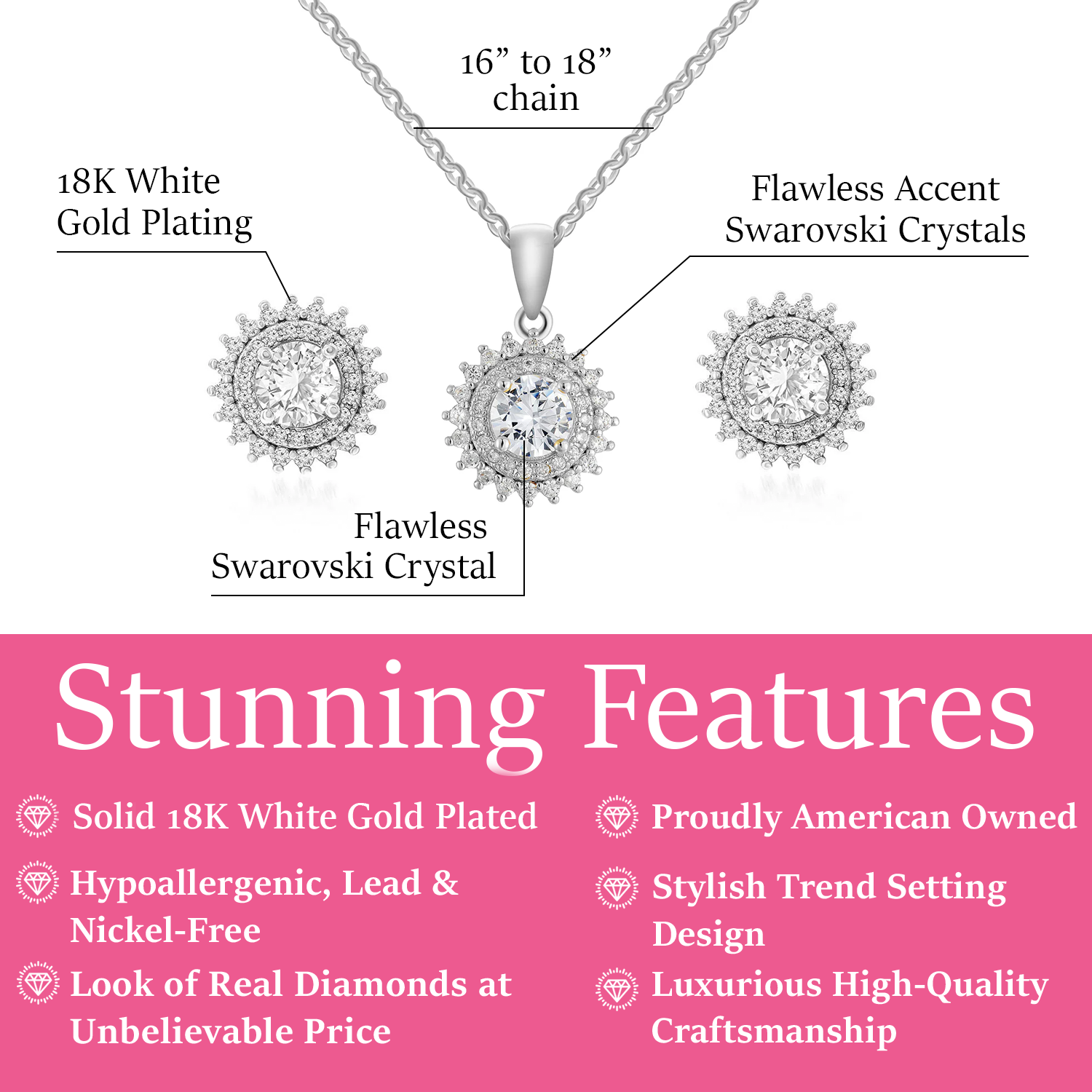 Cordelia 18k White Gold Necklace and Stud Earrings Jewelry Set with Simulated Diamond Crystals