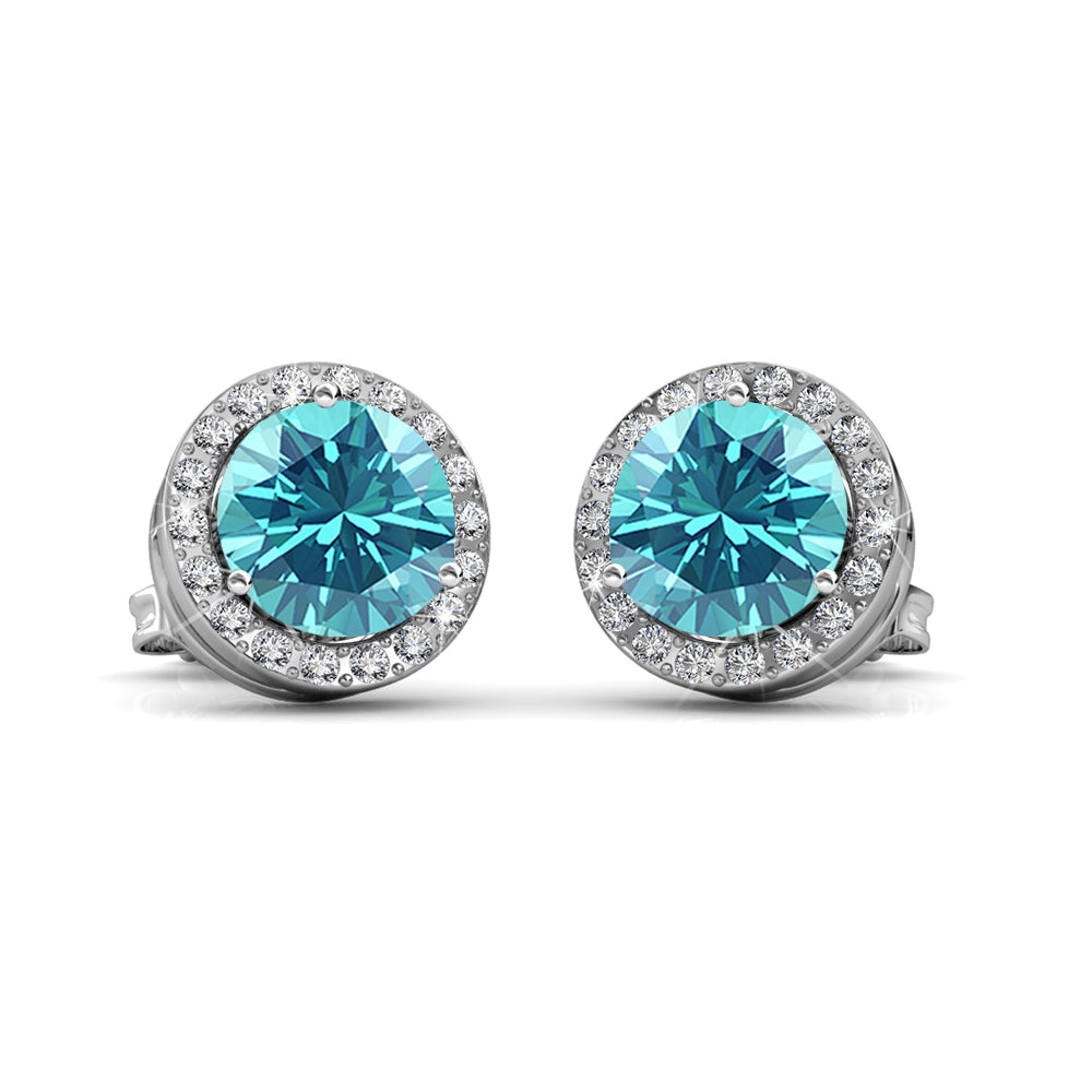 Royal 18k White Gold Plated March Birthstone Halo Earrings with Round Cut Aquamarine Swarovski Crystals