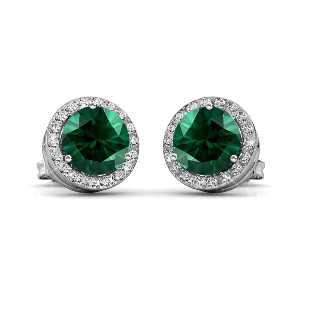 Royal 18k White Gold Plated May Birthstone Halo Earrings with Round Cut Emerald Swarovski Crystals