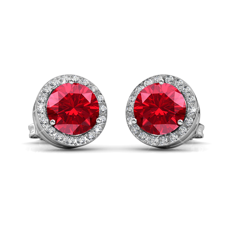 Royal 18k White Gold Plated July Birthstone Halo Earrings with Round Cut Ruby Red Swarovski Crystals