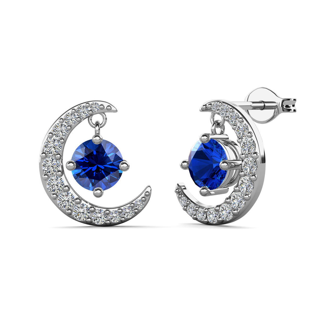 Luna September Birthstone Sapphire 18k White Gold Plated Crescent Stud Earrings with Round Cut Swarovski Crystals