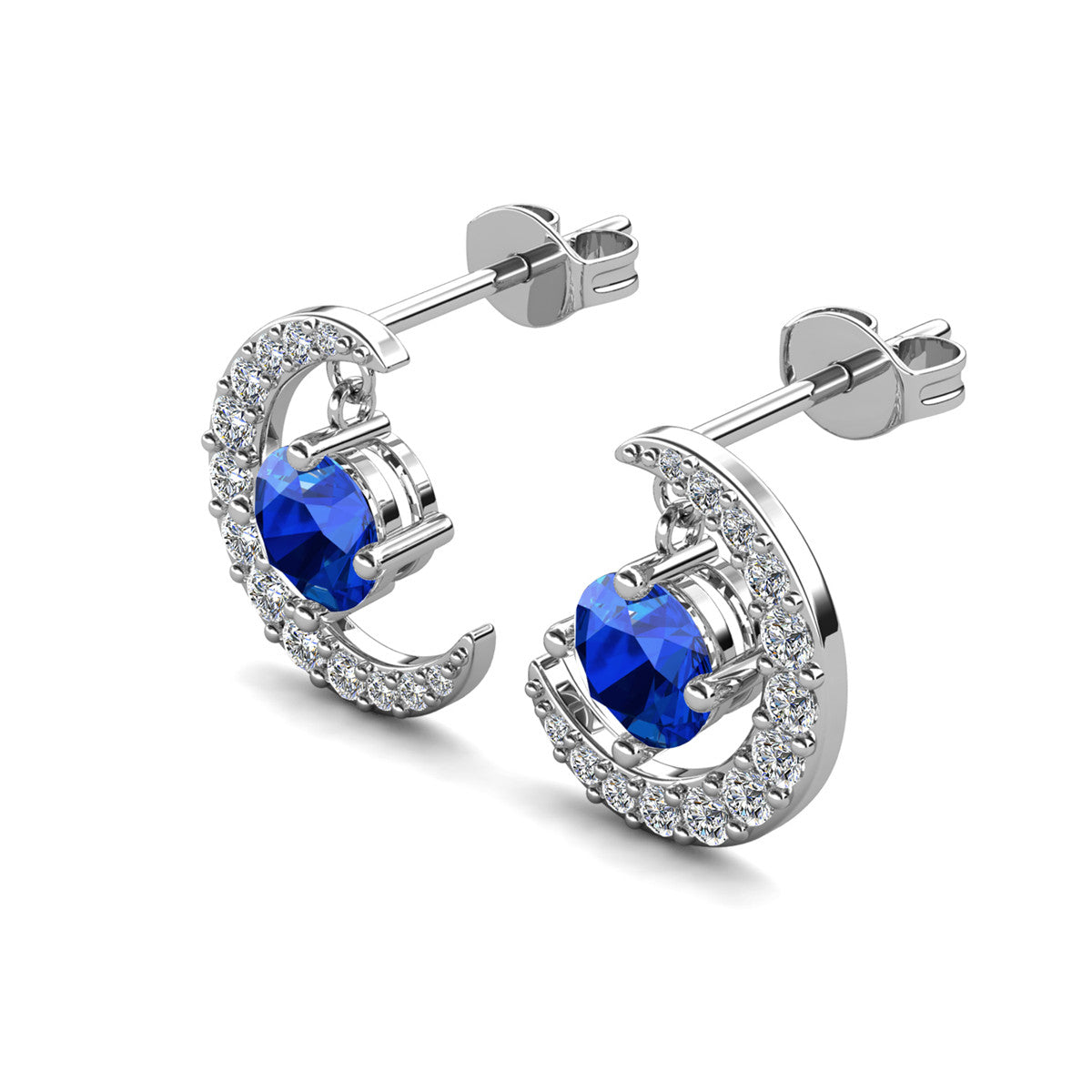 Luna September Birthstone Sapphire 18k White Gold Plated Crescent Stud Earrings with Round Cut Swarovski Crystals