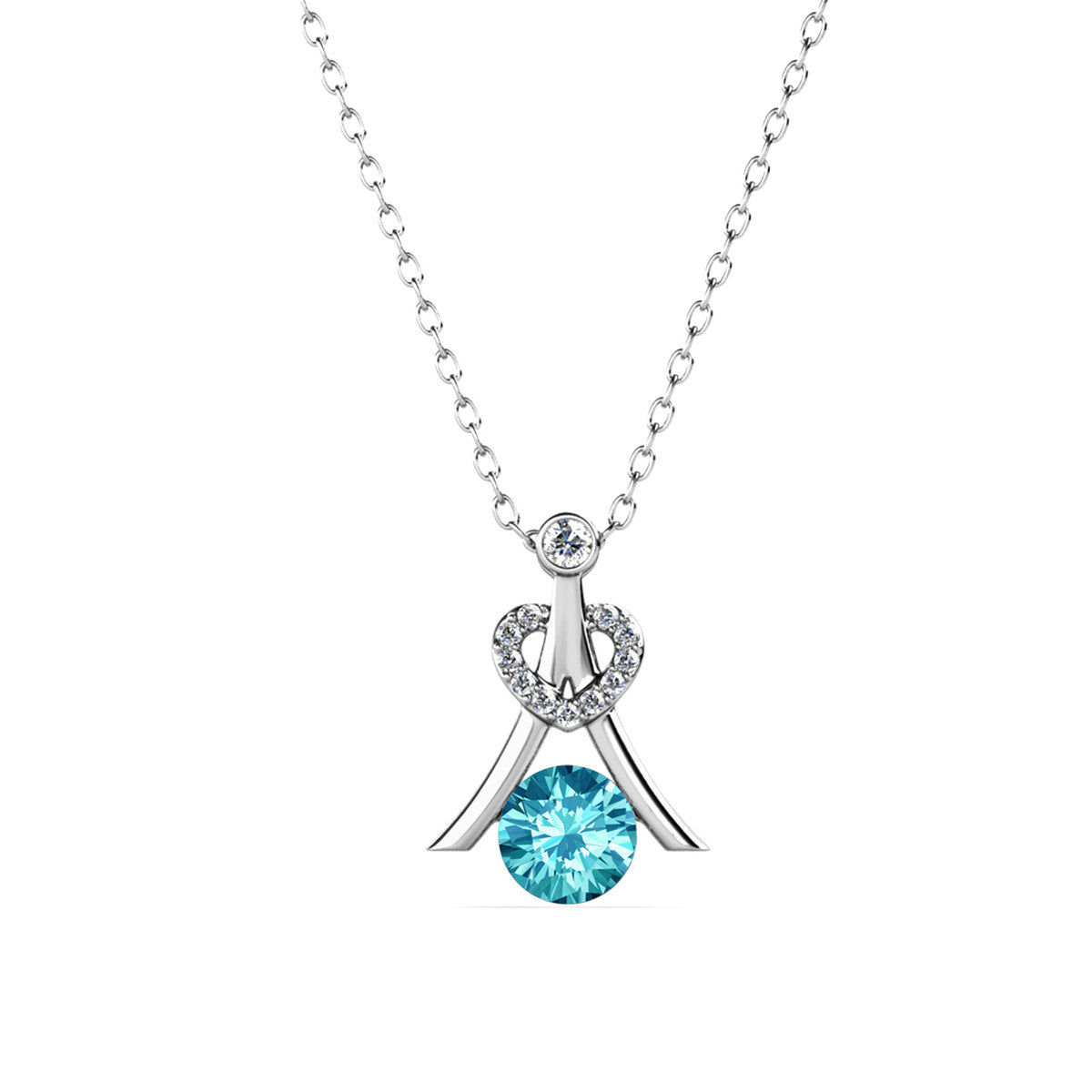 Serenity March Birthstone Aquamarine Necklace, 18k White Gold Plated Silver Necklace with Round Cut Crystals