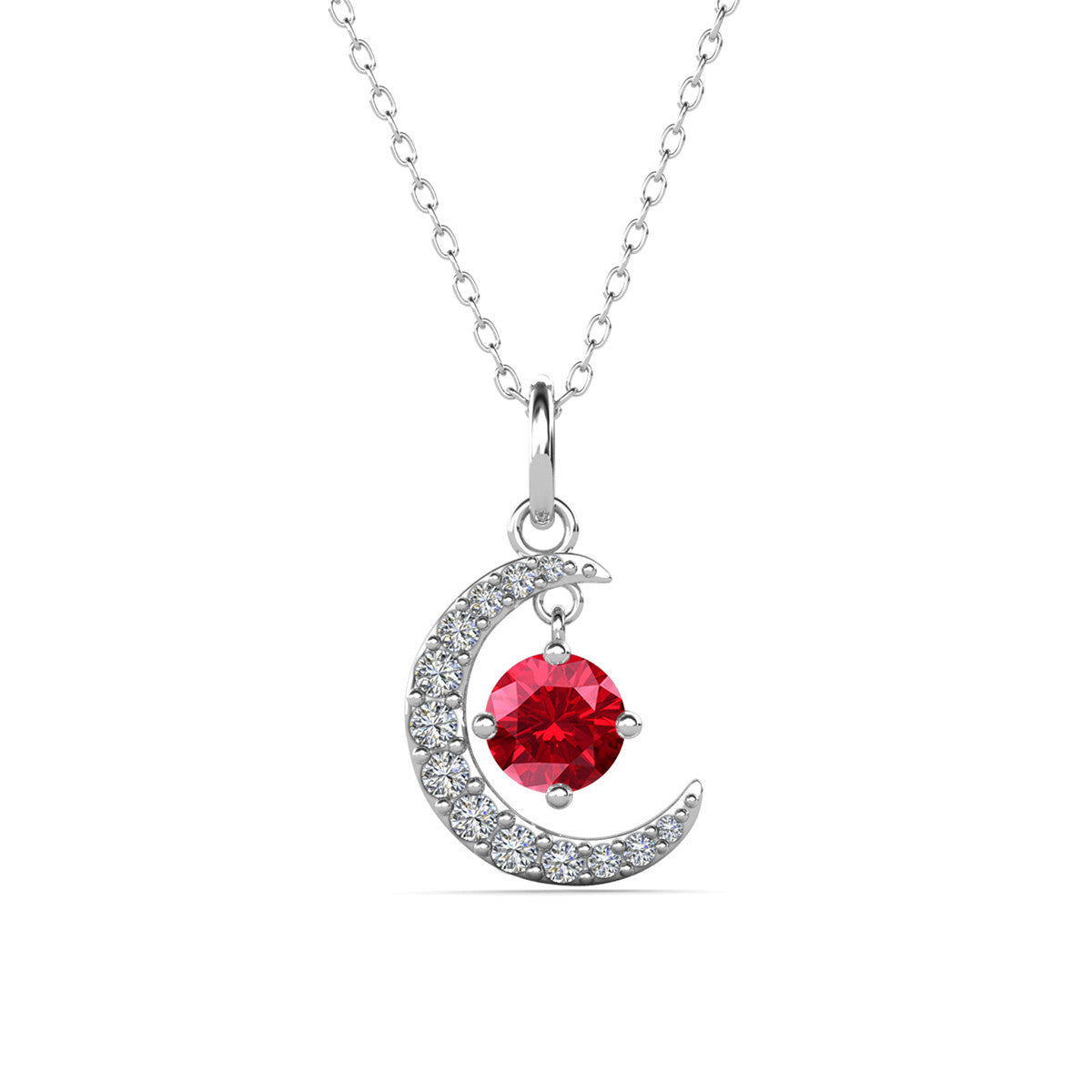 Luna July Birthstone Ruby Necklace 18k White Gold Plated Crescent Pendant Necklace with Round Cut Swarovski Crystals