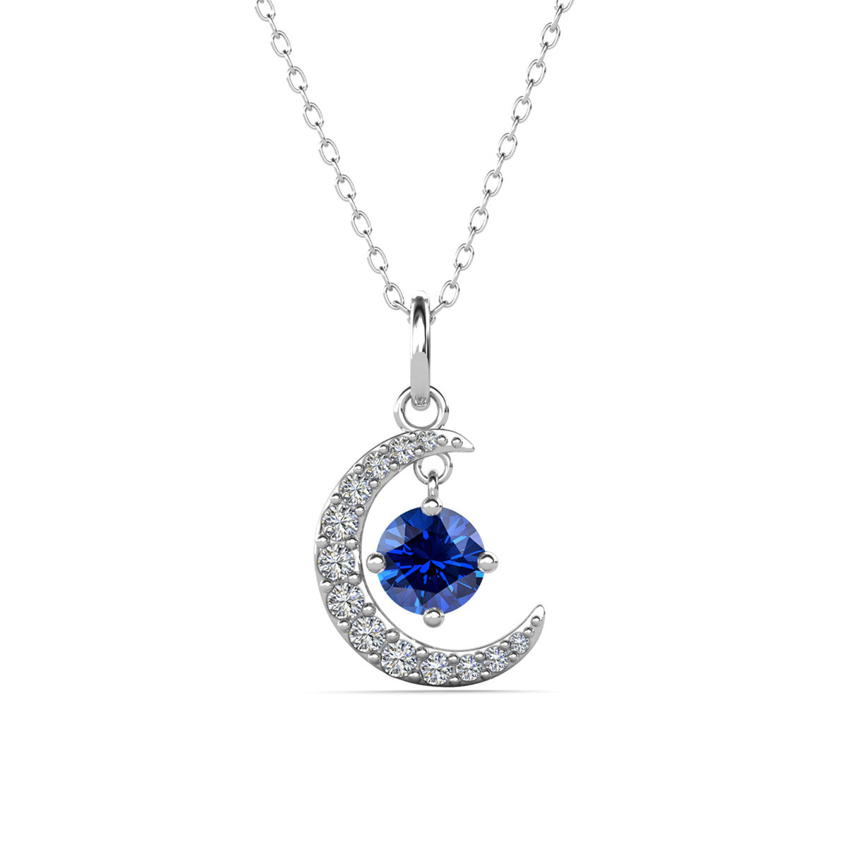 Luna September Birthstone Sapphire Necklace 18k White Gold Plated Crescent Pendant Necklace with Round Cut Swarovski Crystals