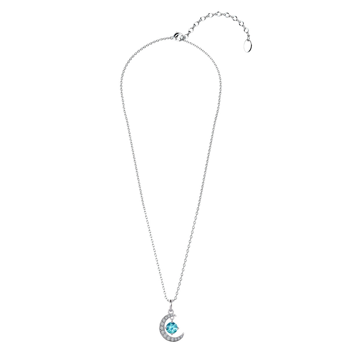 Luna March Birthstone Aquamarine Necklace 18k White Gold Plated Crescent Pendant Necklace with Round Cut Swarovski Crystals