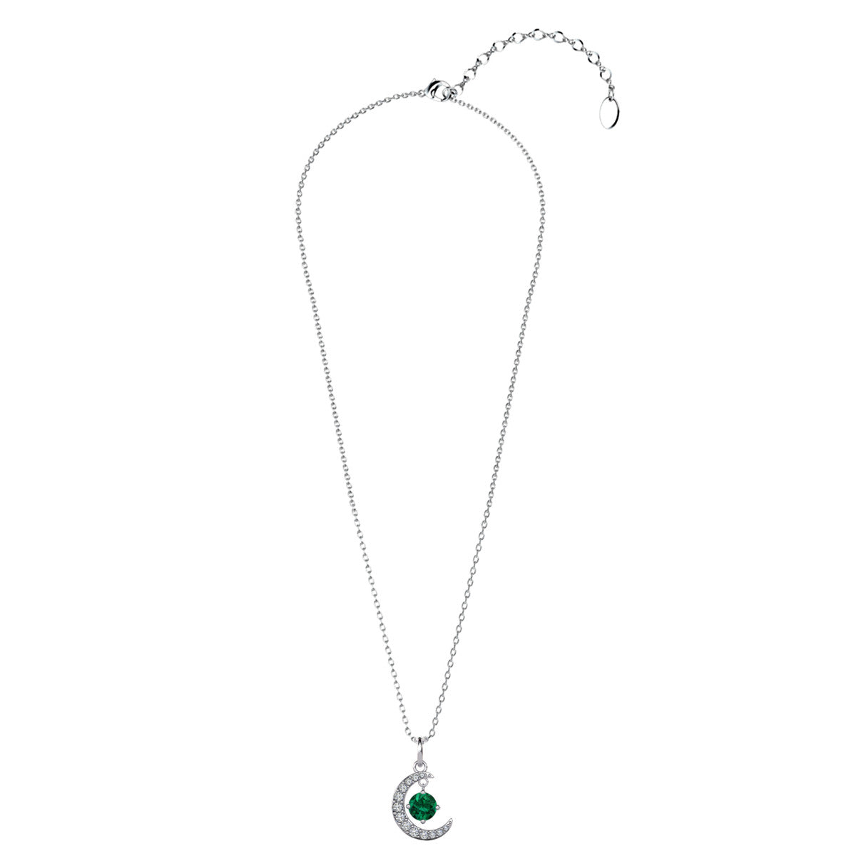 Luna May Birthstone Emerald Necklace 18k White Gold Plated Crescent Pendant Necklace with Round Cut Swarovski Crystals