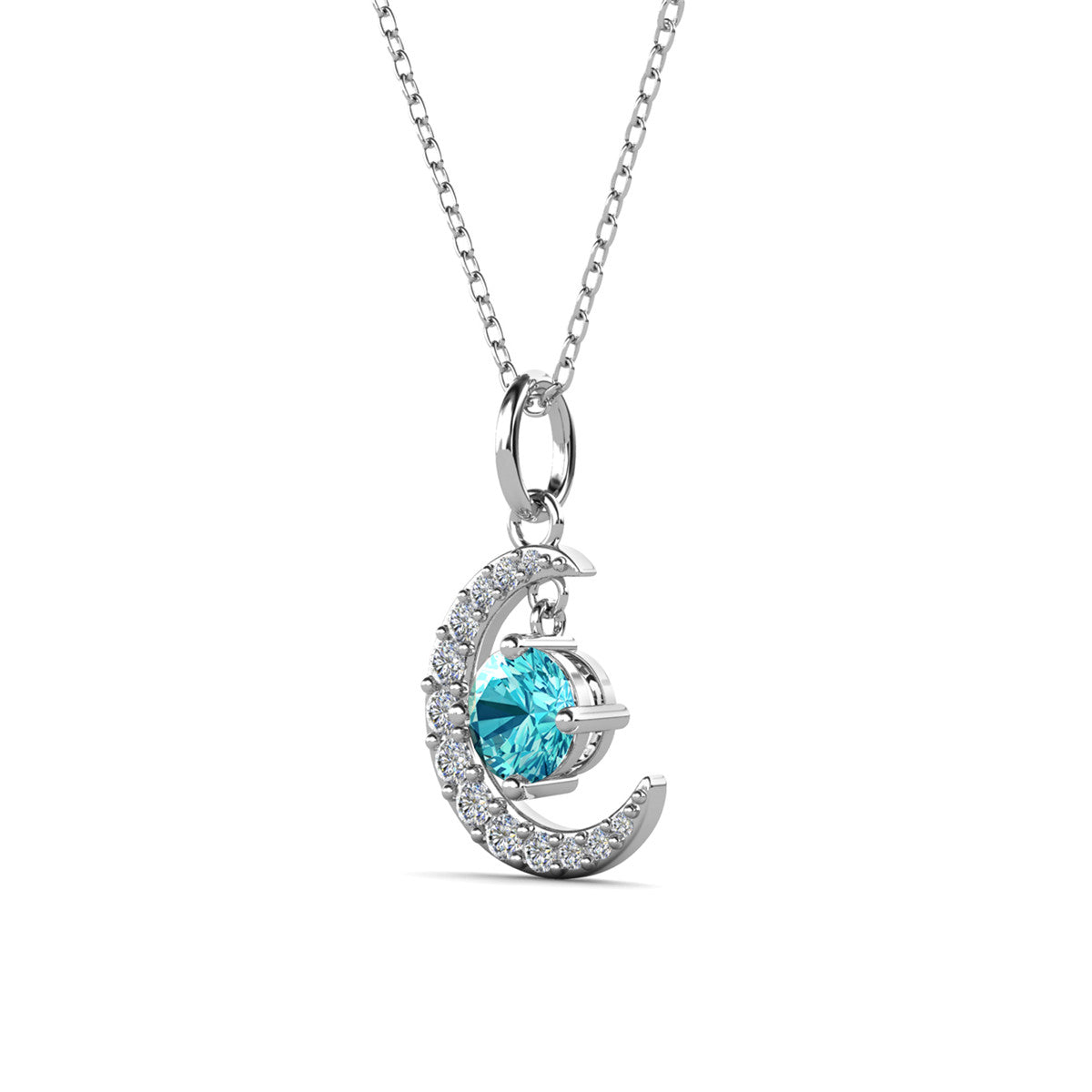 Luna March Birthstone Aquamarine Necklace 18k White Gold Plated Crescent Pendant Necklace with Round Cut Swarovski Crystals