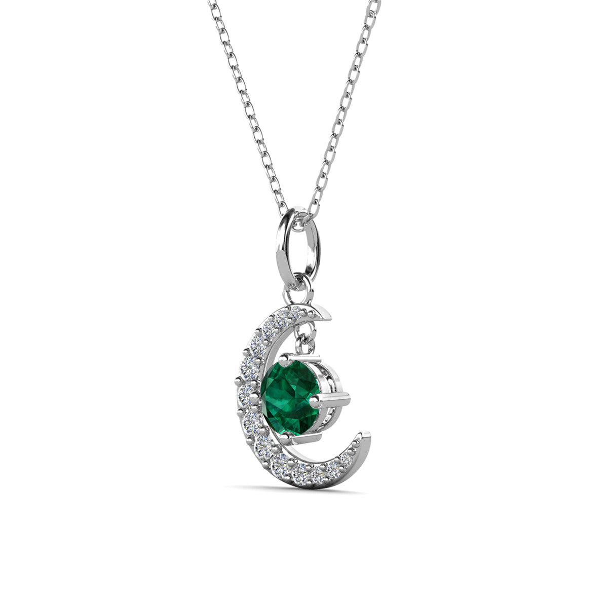 Luna May Birthstone Emerald Necklace 18k White Gold Plated Crescent Pendant Necklace with Round Cut Swarovski Crystals
