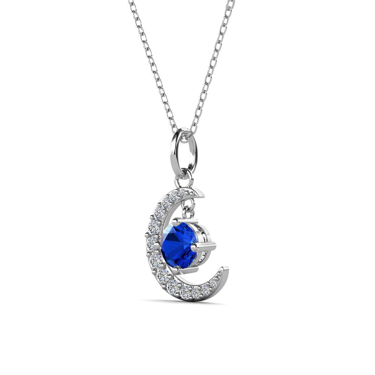 Luna September Birthstone Sapphire Necklace 18k White Gold Plated Crescent Pendant Necklace with Round Cut Swarovski Crystals