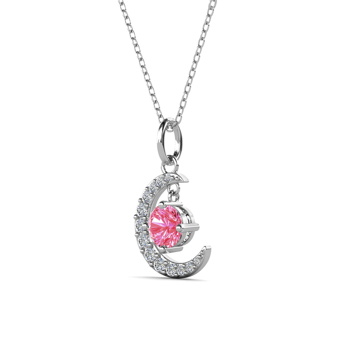 Luna October Birthstone Pink Tourmaline Necklace 18k White Gold Plated Crescent Pendant Necklace with Round Cut Swarovski Crystals