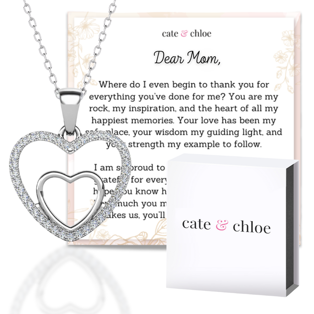 Amorette 18k White Gold Plated Double Heart Pendant Necklace with Simulated Diamond Crystals & Sentimental Message for Mom